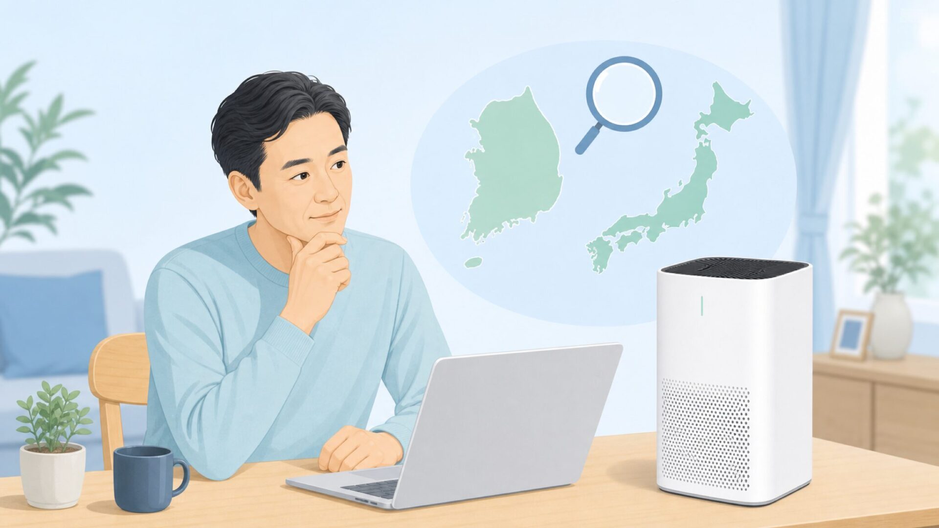 Cowayの国籍を調べる人と家電のイラスト