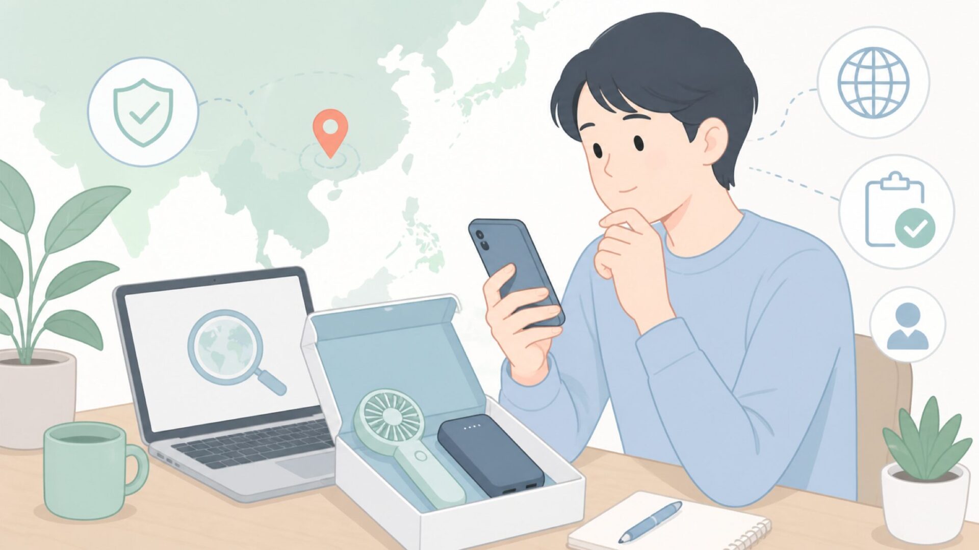 Soloveの国籍を購入前に確認する人のイラスト