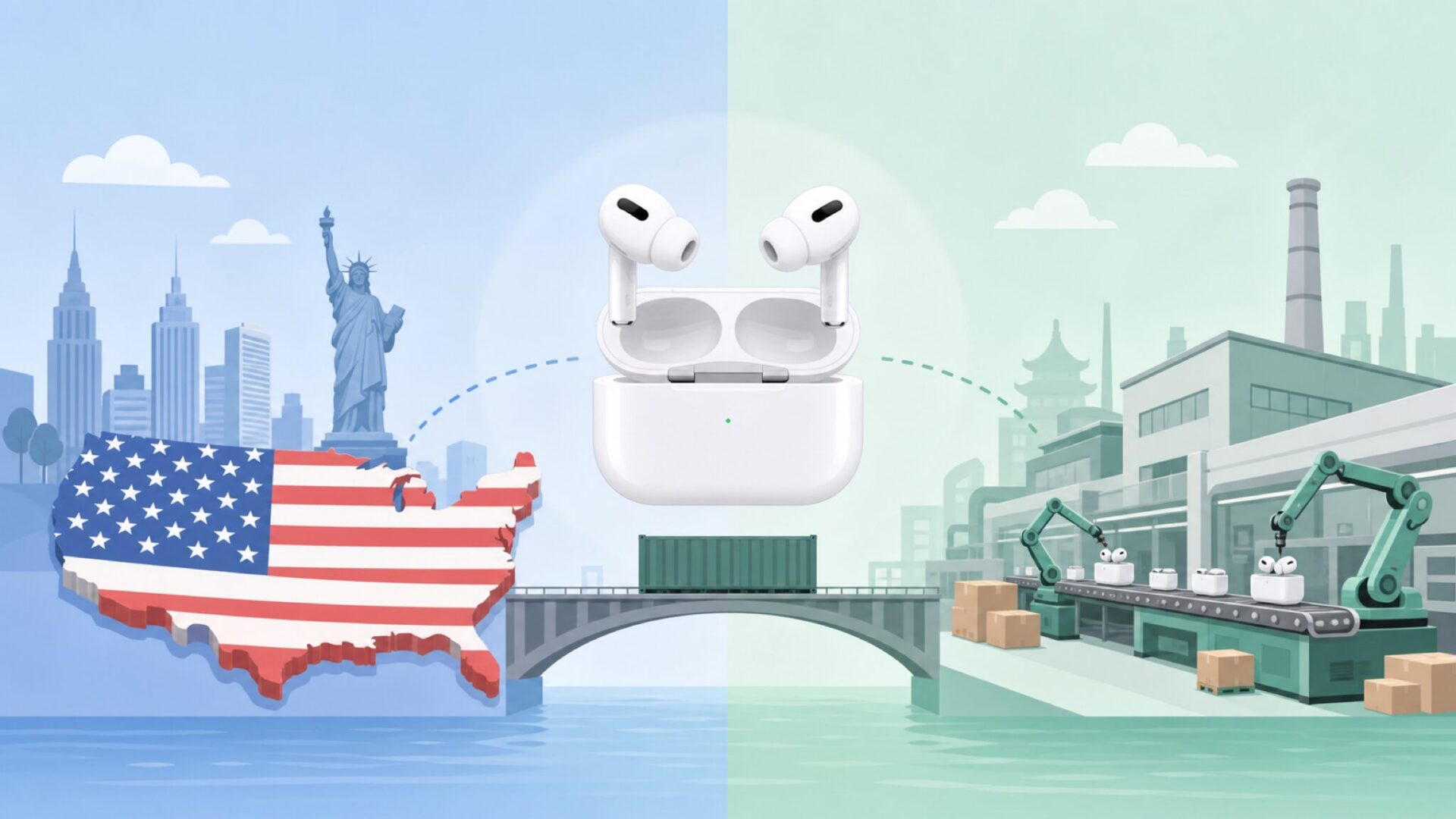 アメリカと中国の地図が橋でつながれたブランド出身地のイラスト