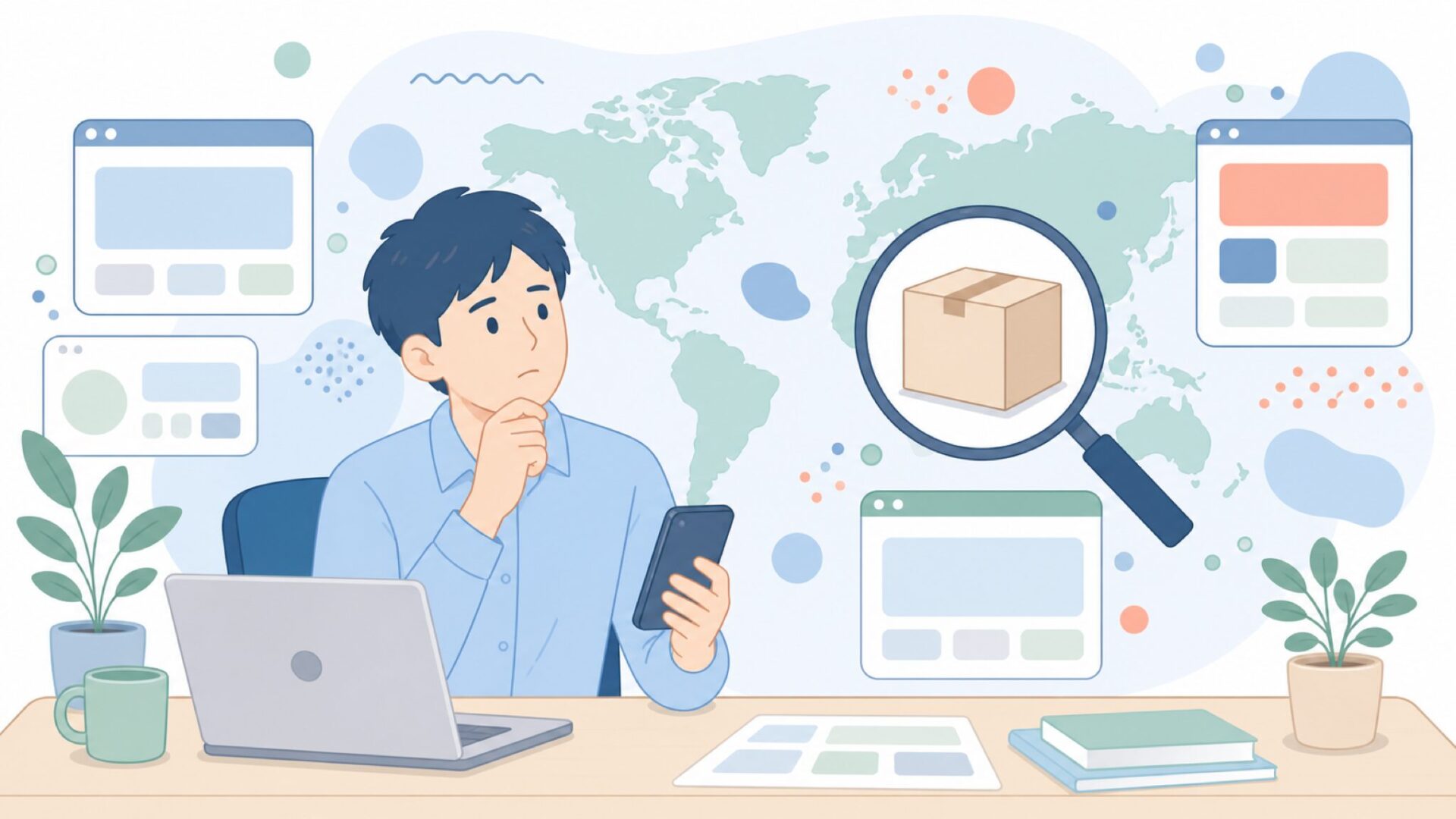 ブランドの国を調べる人物のイラスト