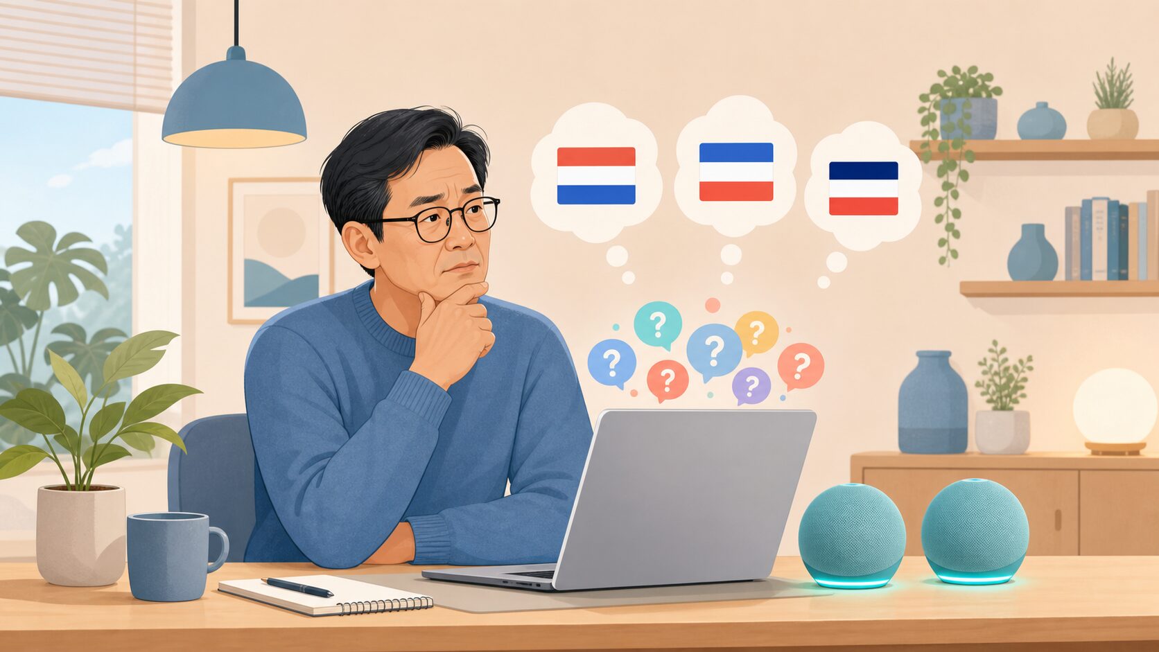 ネット情報の食い違いに困惑する男性と球形スピーカーのイラスト