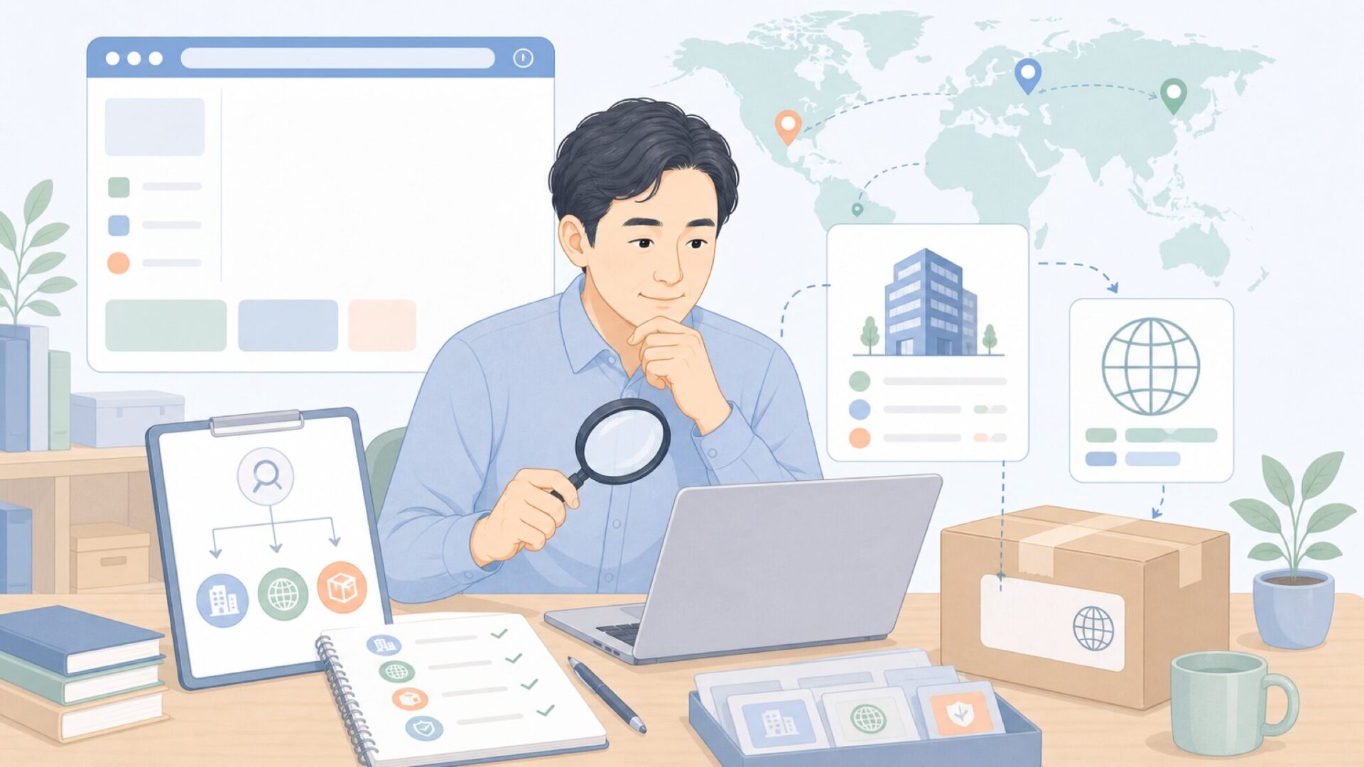 海外ブランドの国を調査するイラスト
