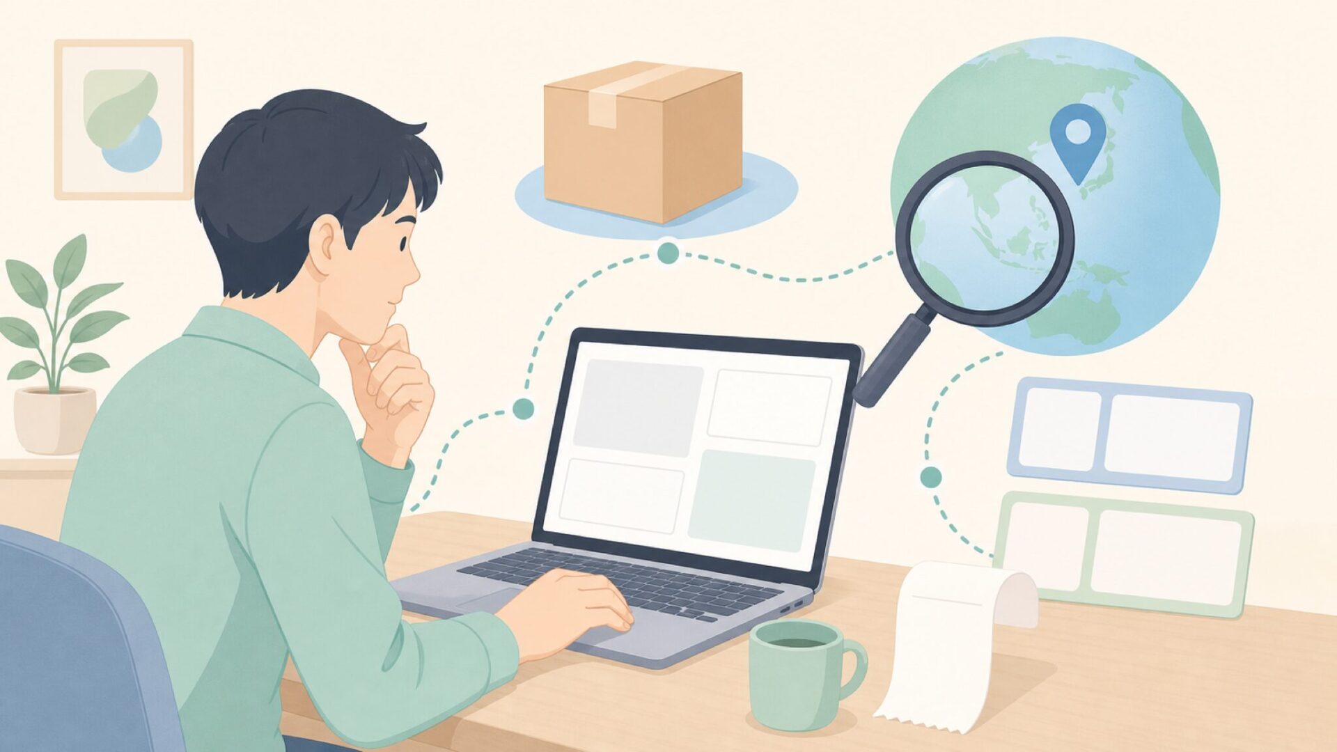 販売元と国を調べる買い物客のイラスト