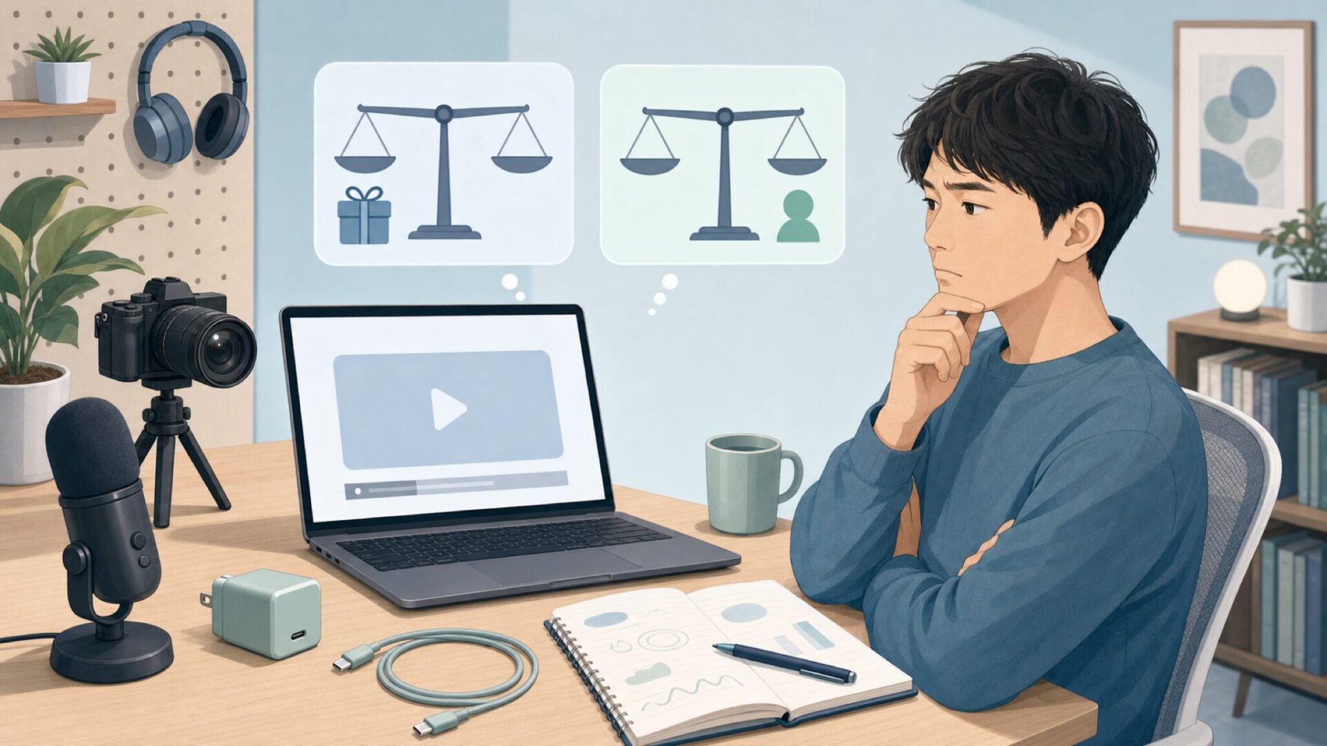 実機レビュー動画を確認する人のイラスト
