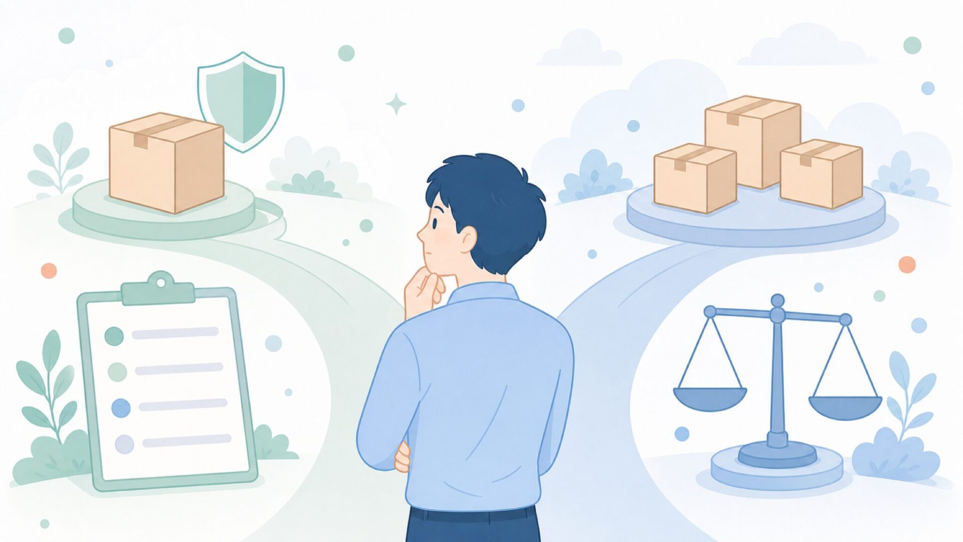 購入判断と代替案を比べる人物のイラスト