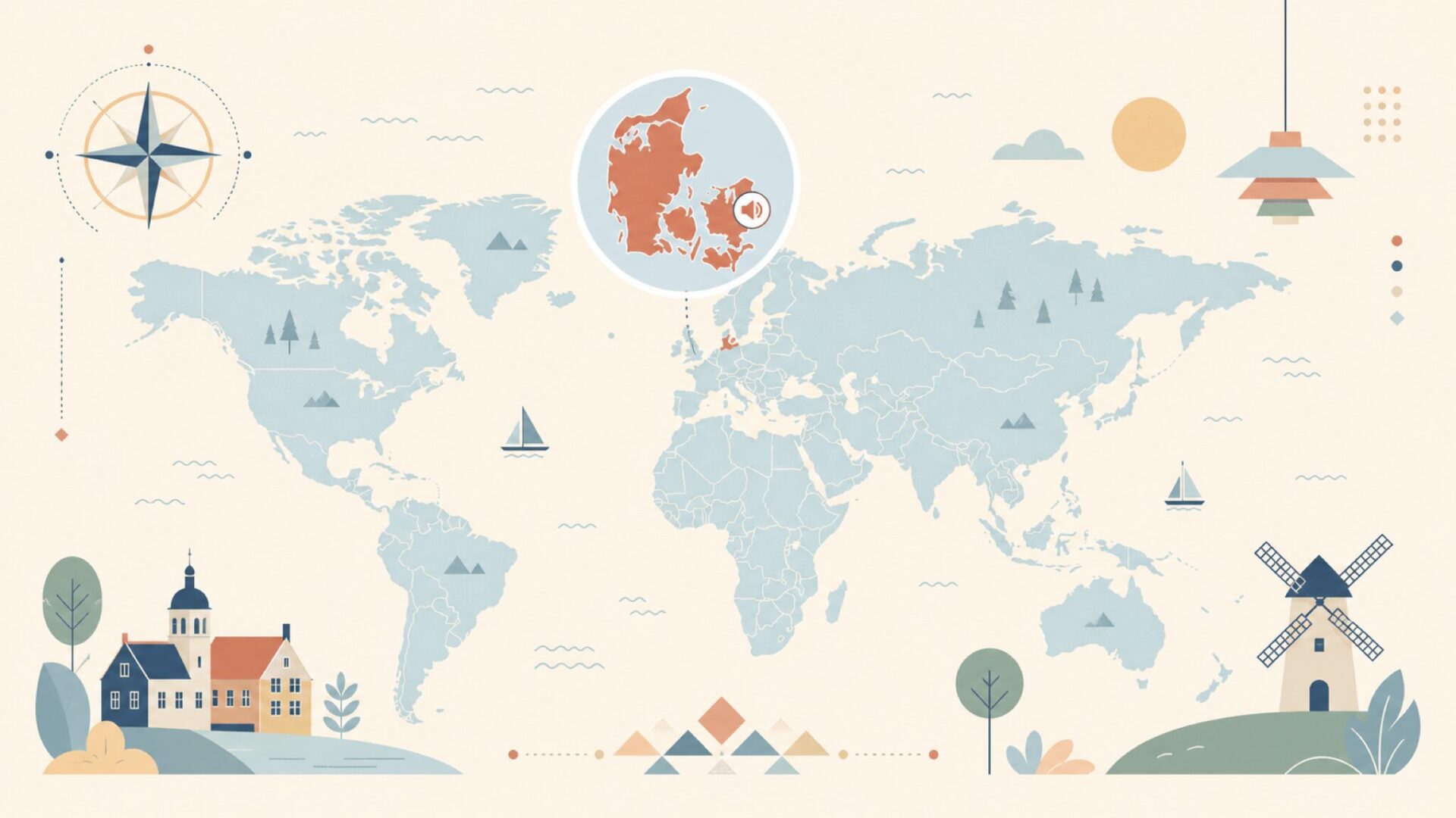 デンマークの位置を示すシンプルな世界地図とスピーカーのイラスト