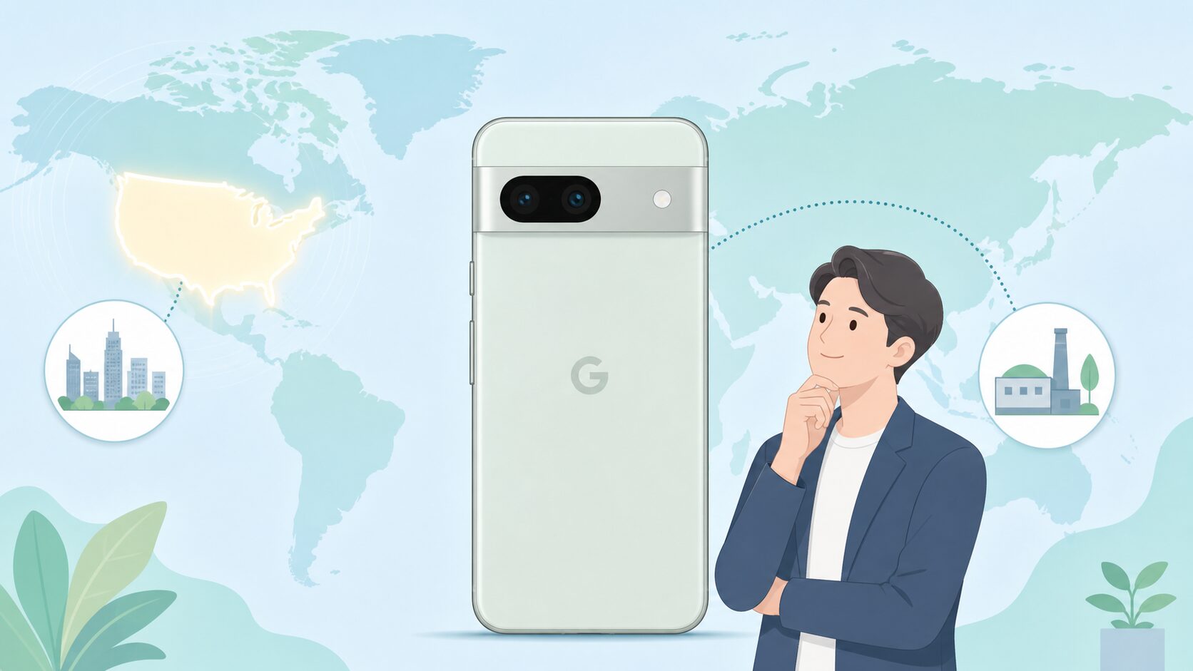 設計者と工場の組み立てラインを対比したフラットイラスト