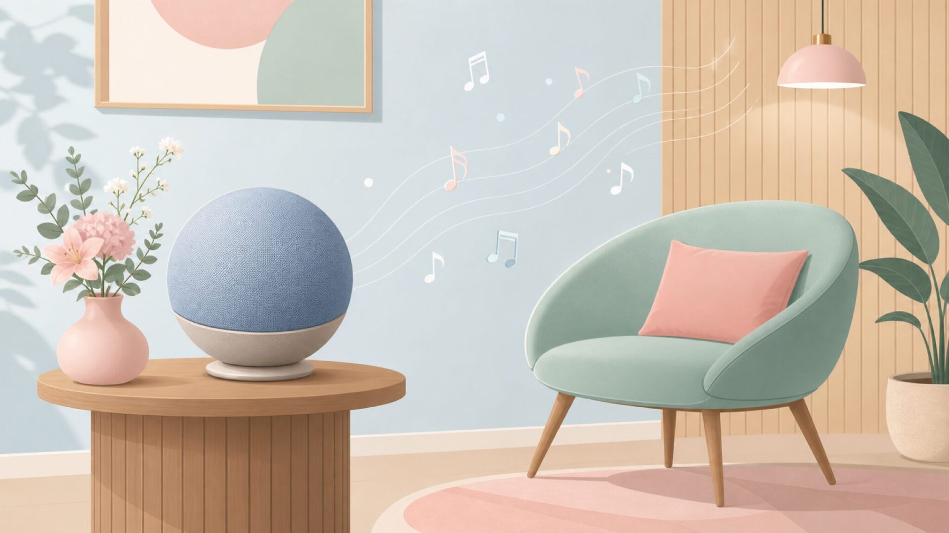 インテリアになじむ球体スピーカーと音楽が流れるリビング