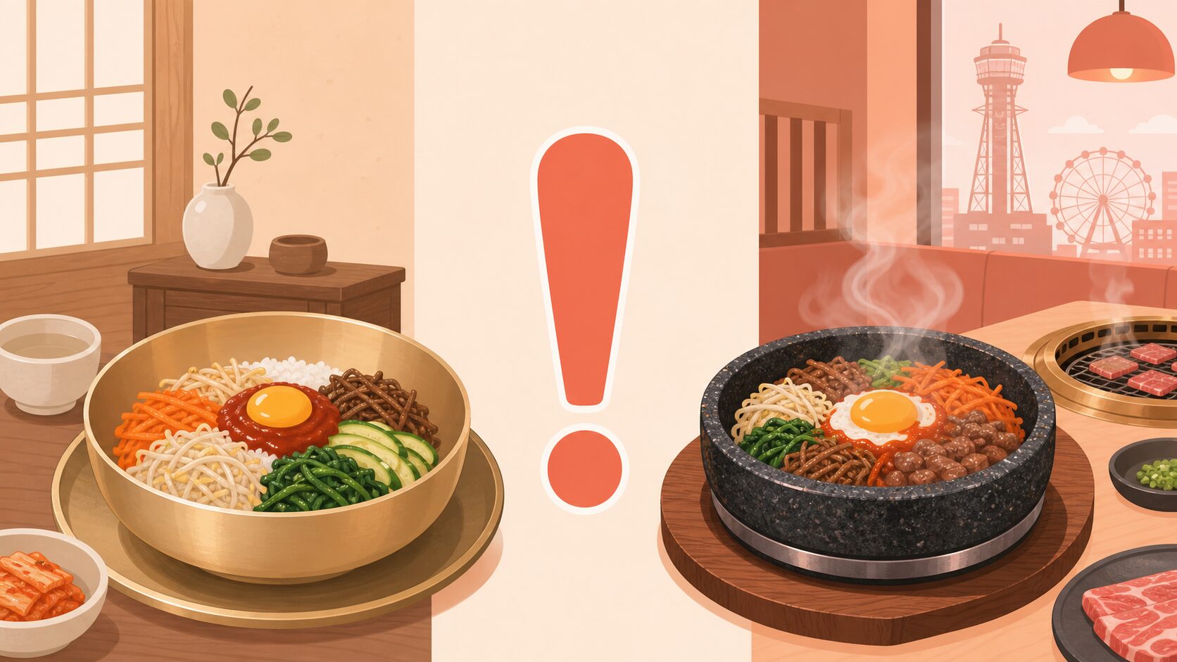 韓国の普通ビビンバと大阪の石焼ビビンバを対比したイラスト