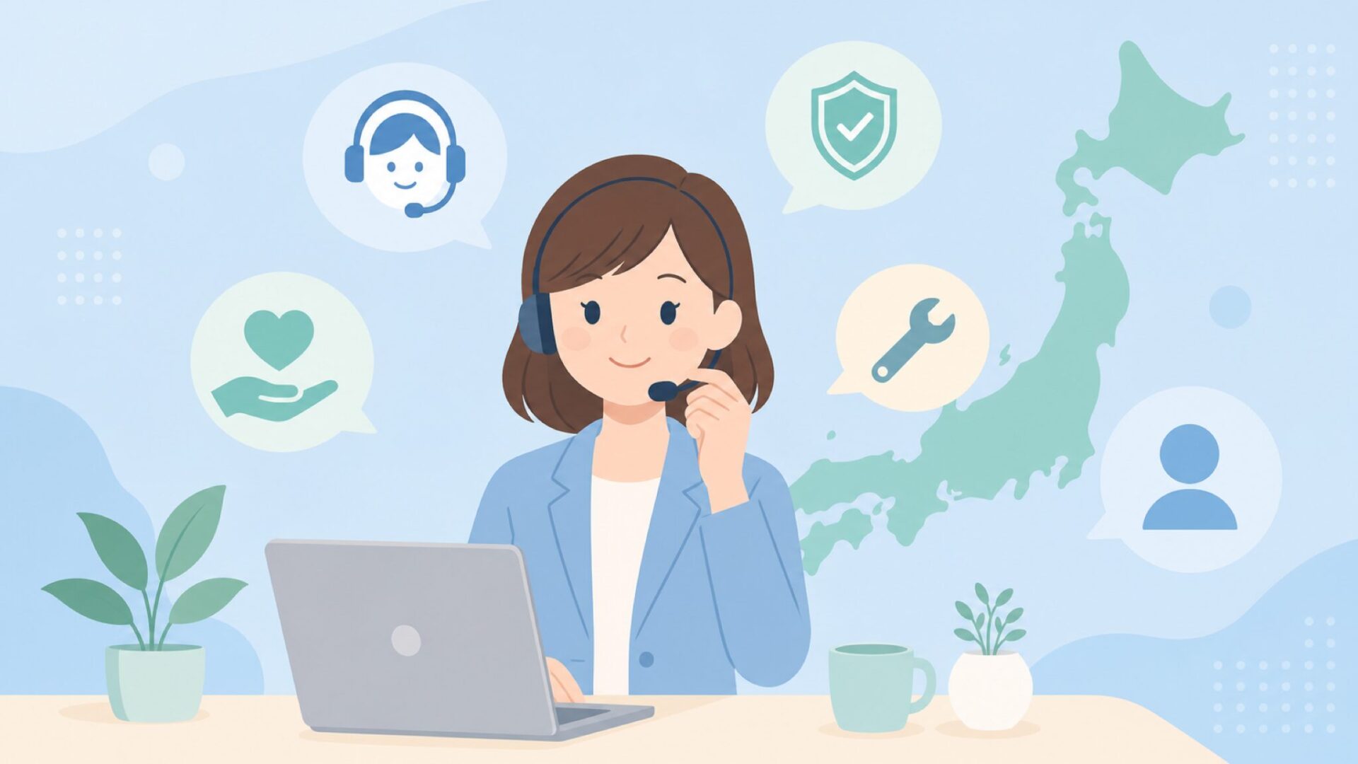 日本地図と日本語サポートの安心感を示すカスタマーサービスのイラスト