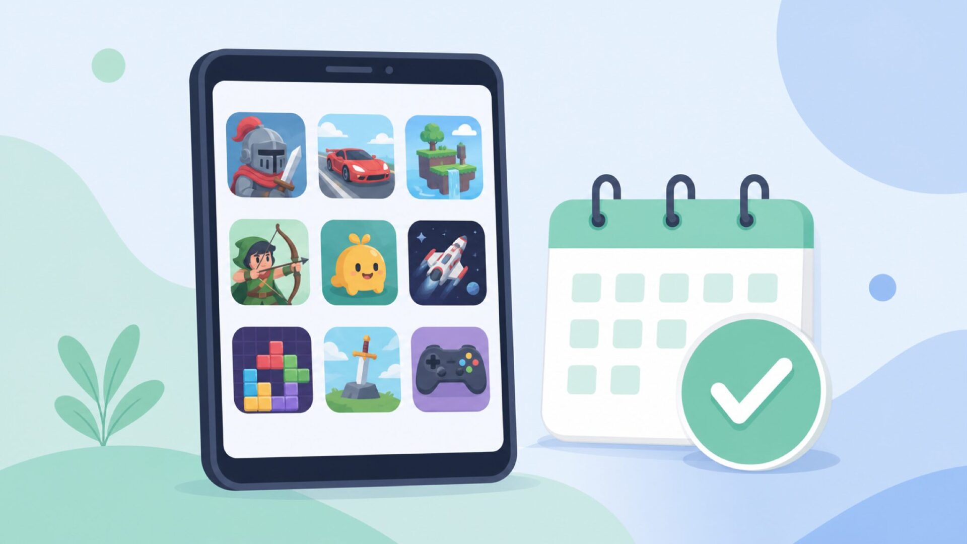 サブスクリプションサービスを示す多数のゲームアイコンとスマートフォンのイラスト