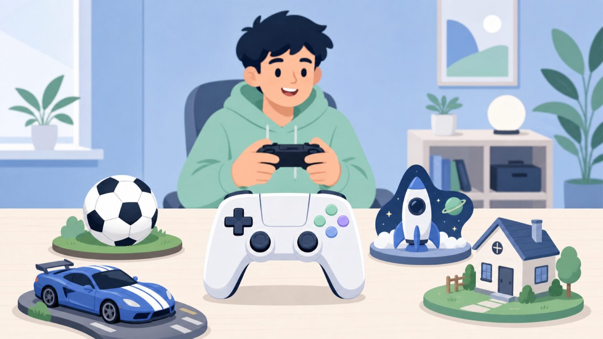 サッカーや銃などのゲームを楽しむ若者とゲームデバイスのイラスト