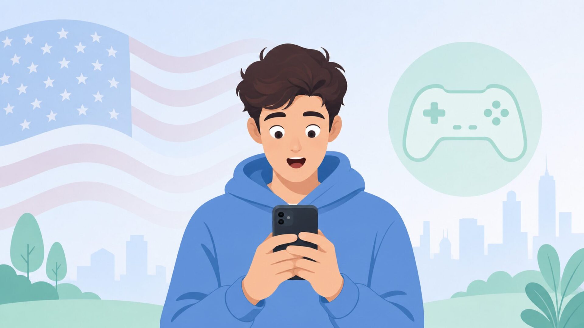 アメリカの地図とゲームコントローラーを持つ若者のイラスト