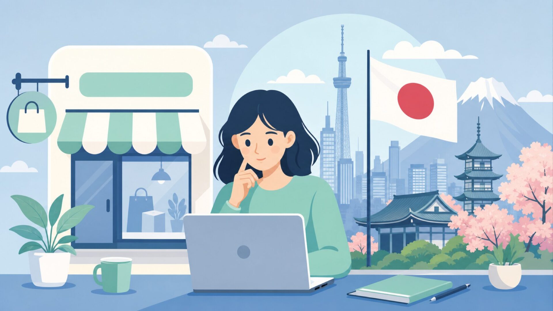 英語サイン名と日本の国旗が並ぶフラットイラスト