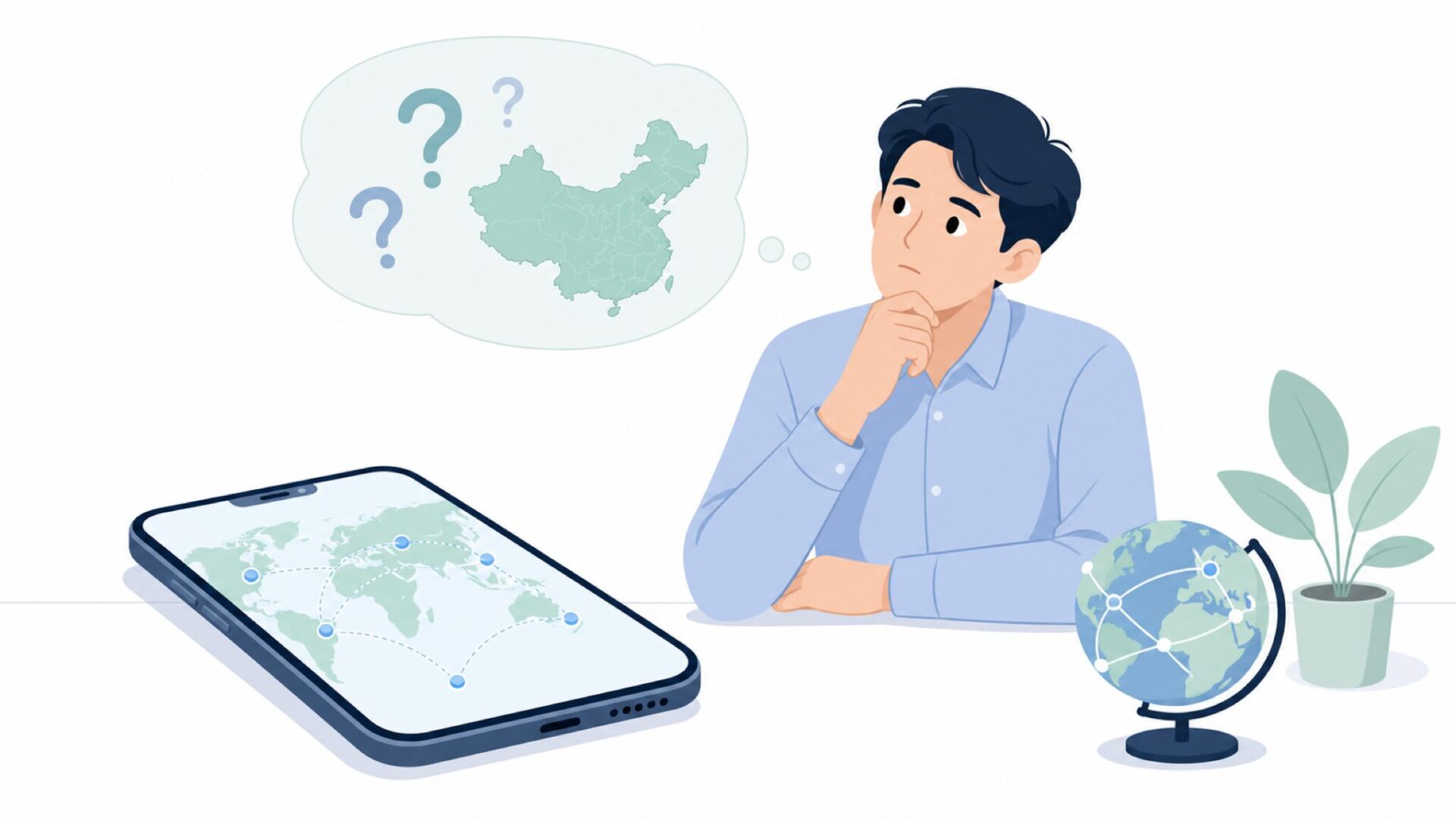 どこの国のブランドか疑問を持つ人とスマートフォンのイラスト