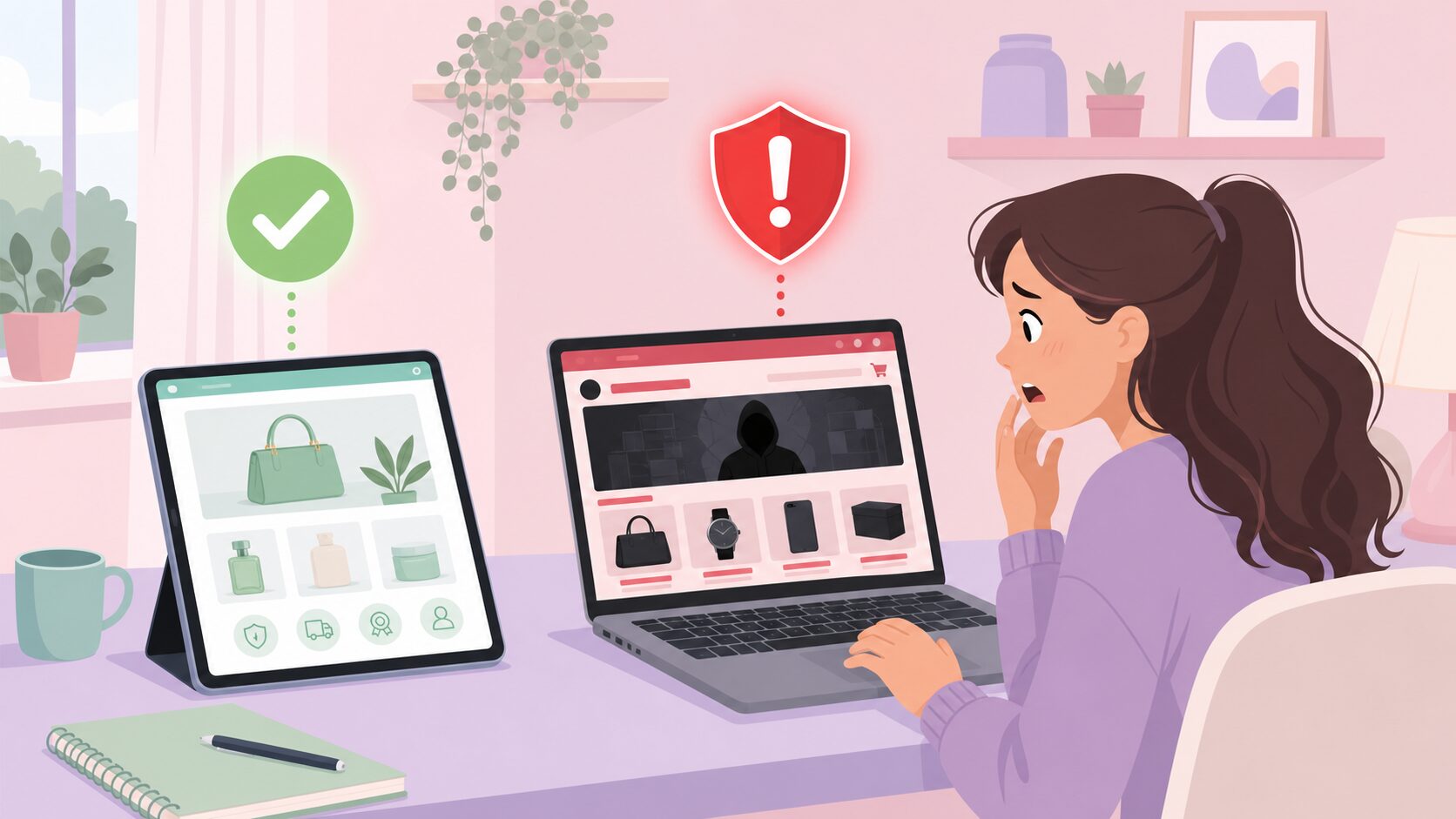怪しいサイトに警戒する女性と安全な正規サイトを比較した警告イラスト