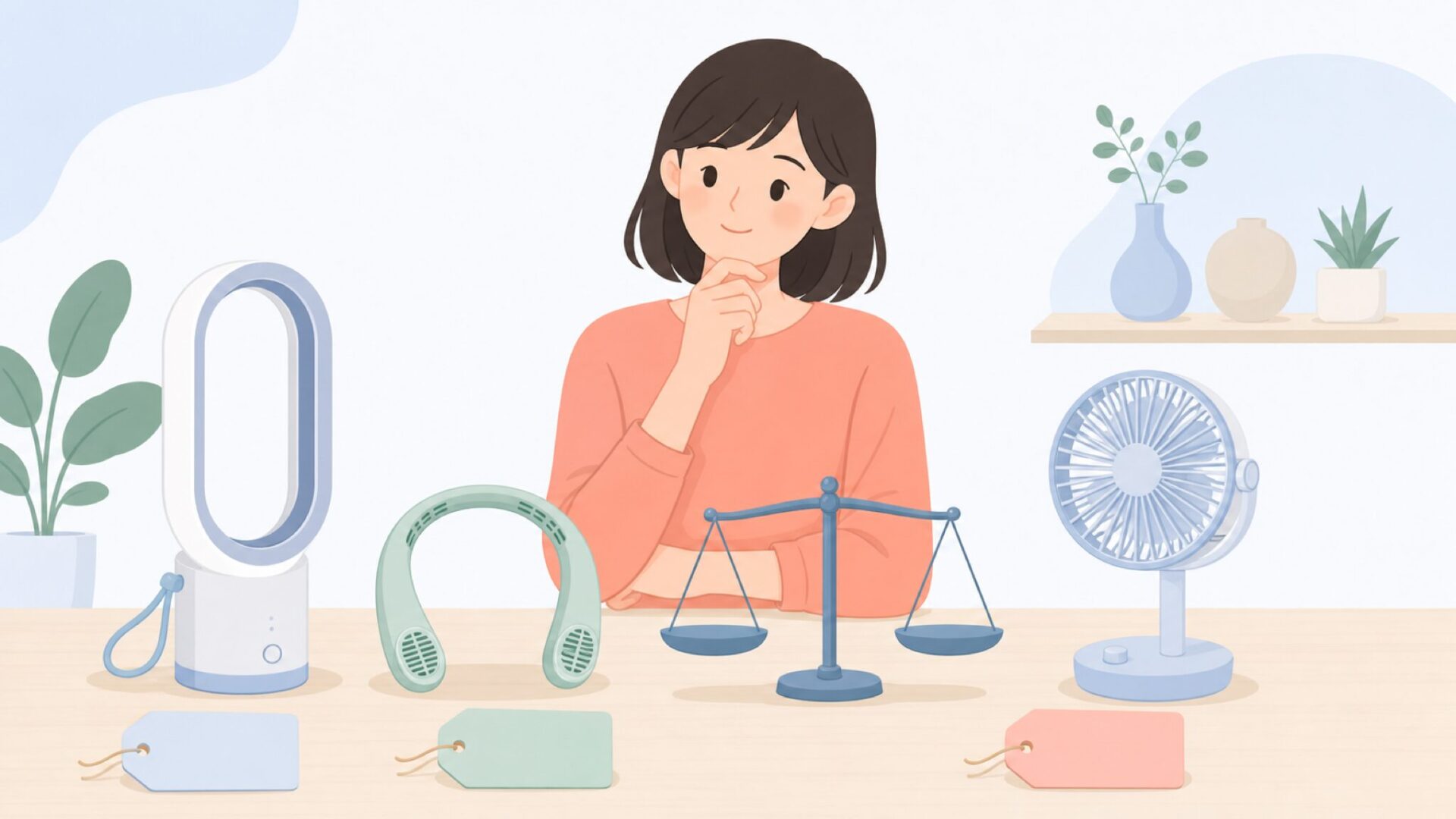 複数の携帯扇風機を比較する人物