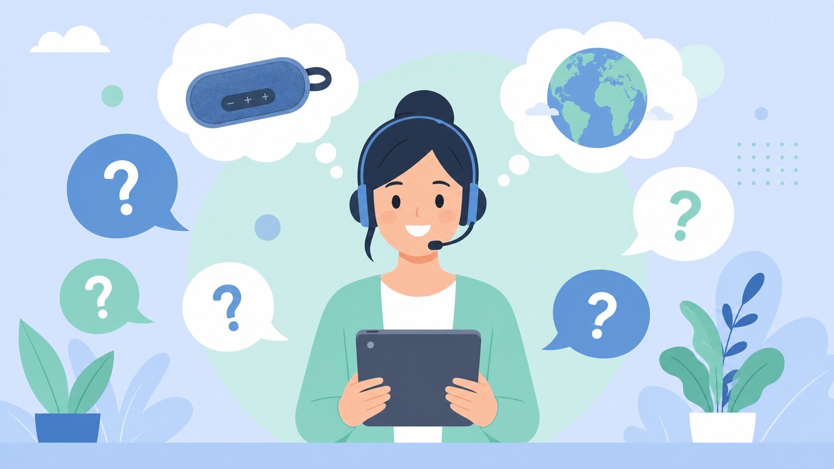 タブレットを持つカスタマーサービス担当者と疑問の吹き出しが浮かぶフラットイラスト