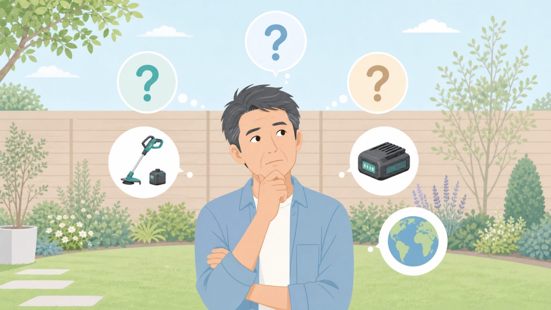 購入前に考える男性と3つの疑問符アイコン