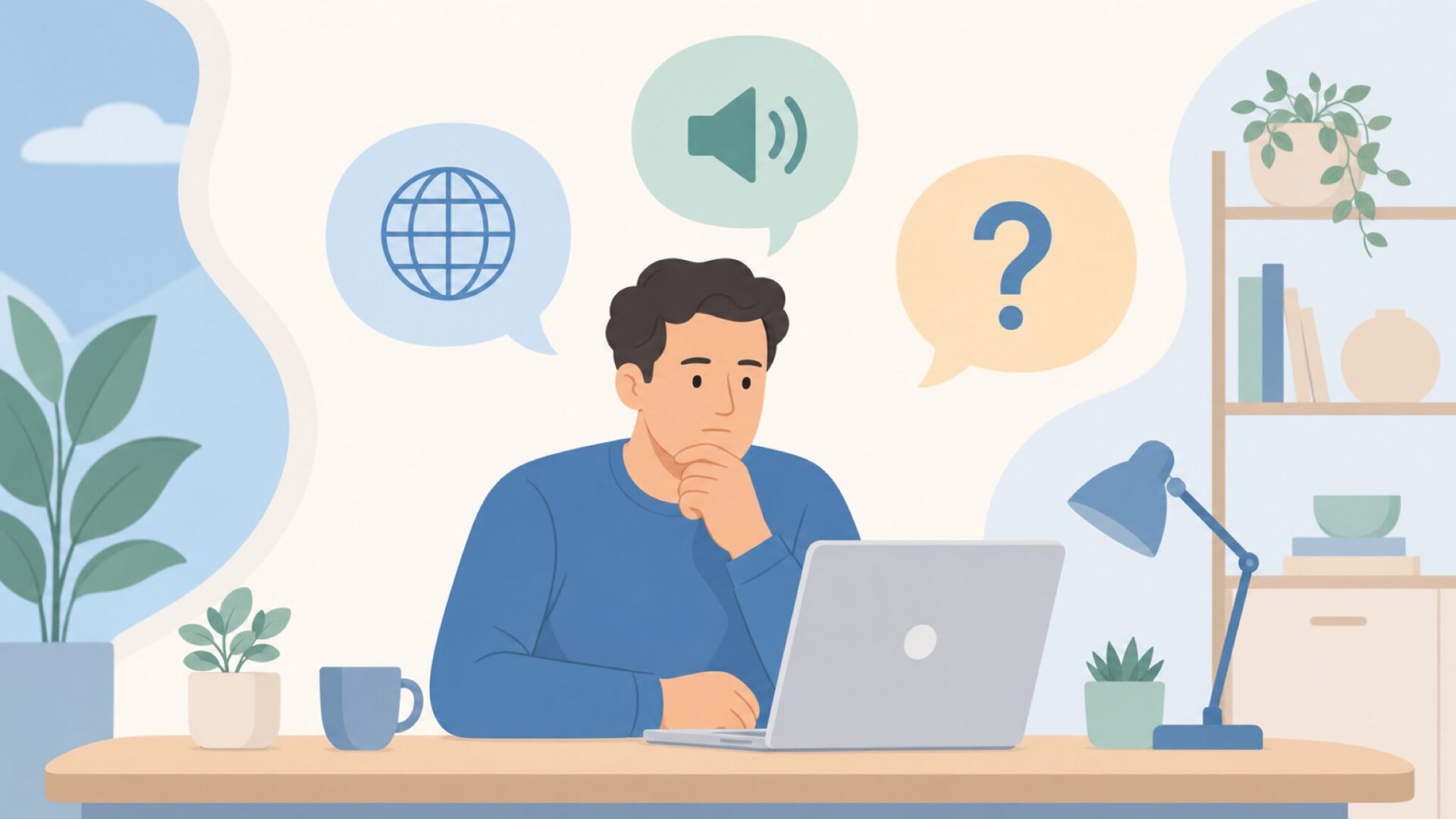 PCの前で疑問に思う人物と吹き出しアイコンのイラスト