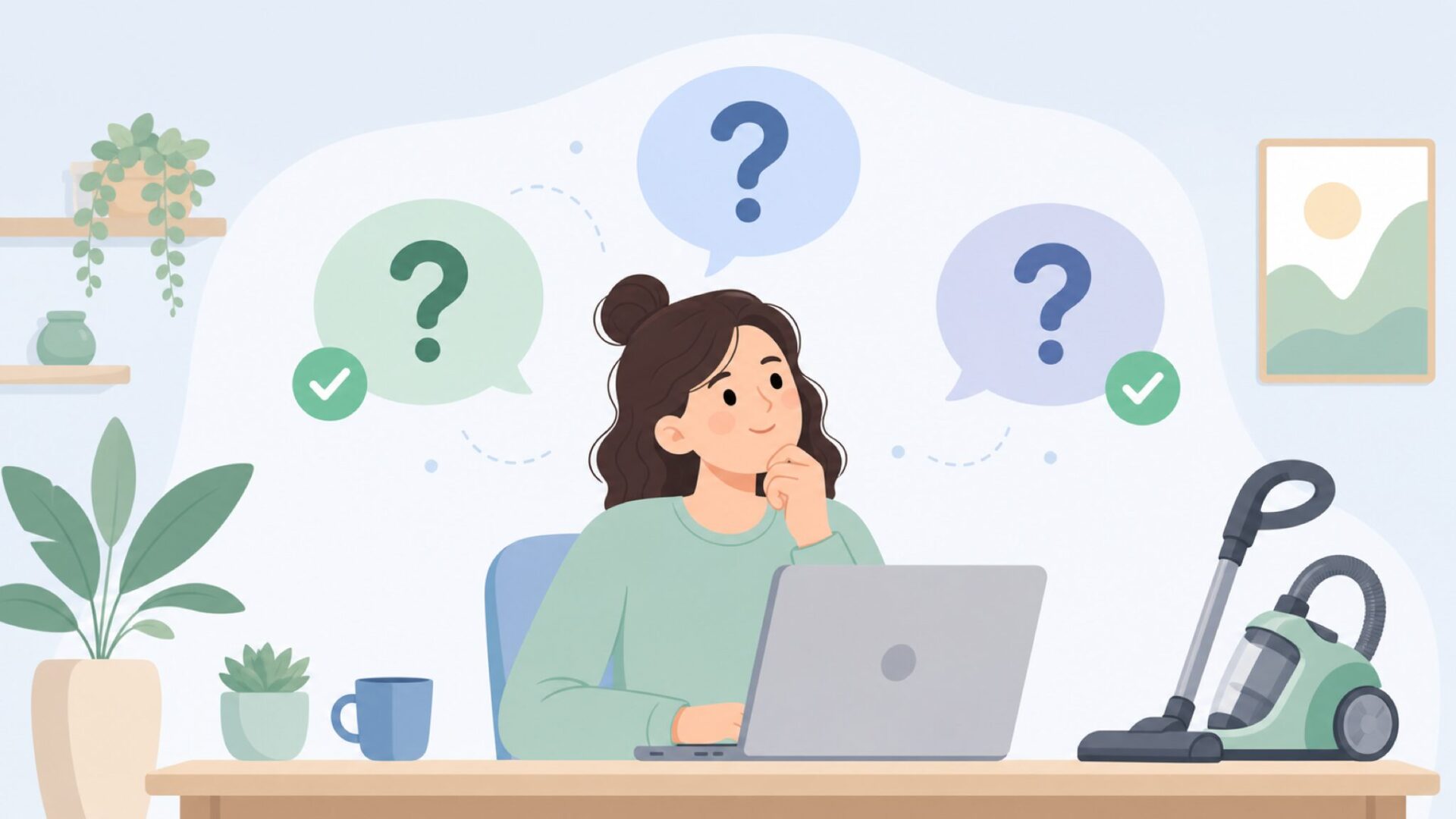パソコンの前で質問を調べる人のイラスト