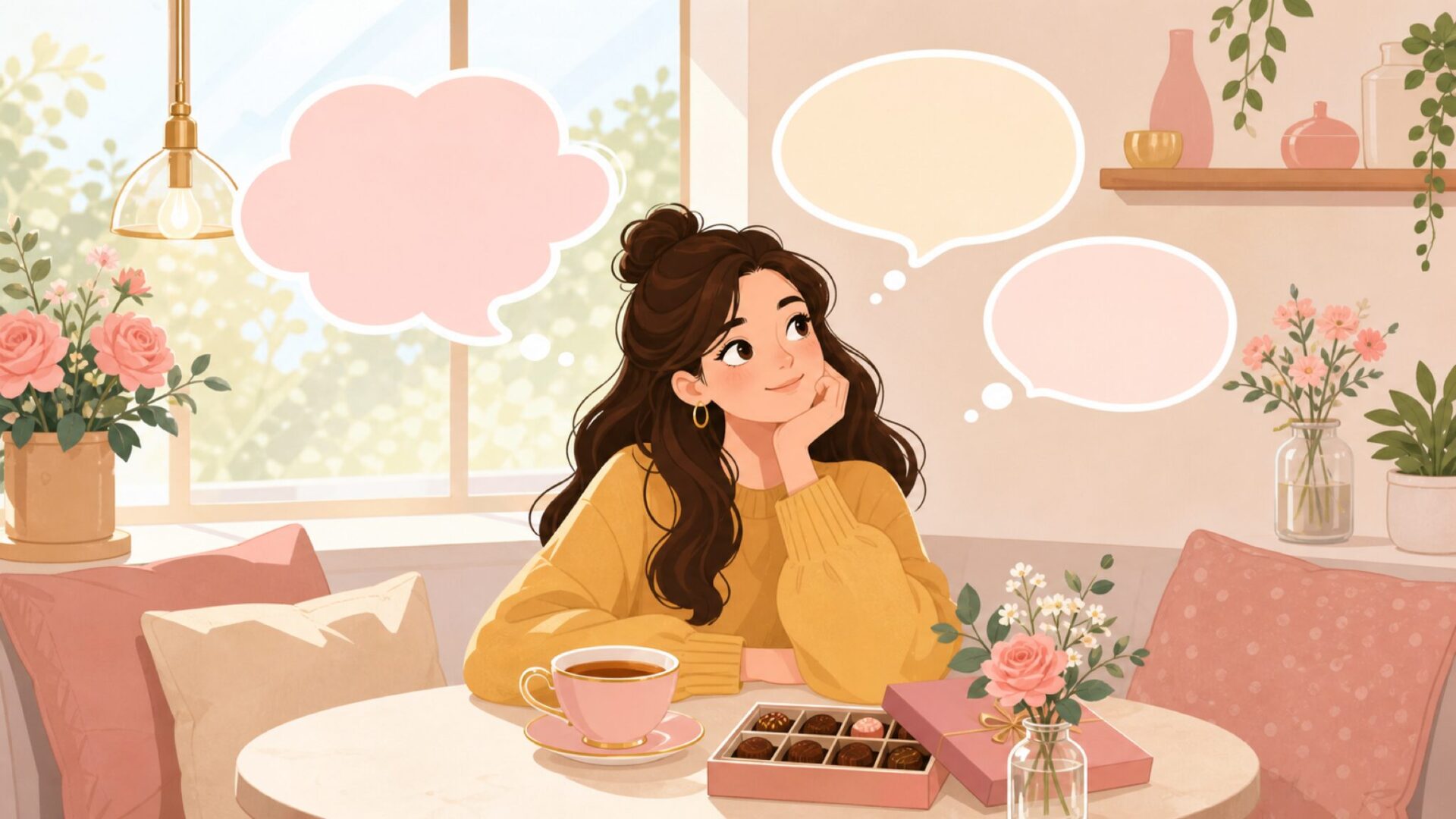 カフェでチョコと紅茶を楽しむ女性のイラスト