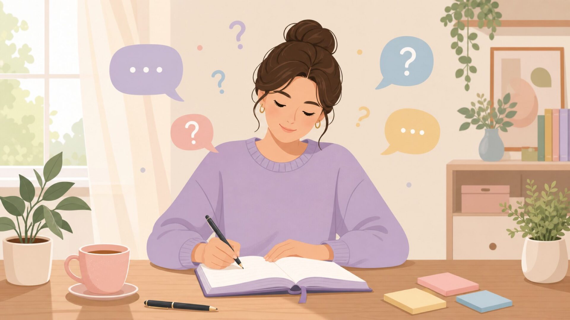 女性がノートにQ&Aメモを書いている場面のイラスト