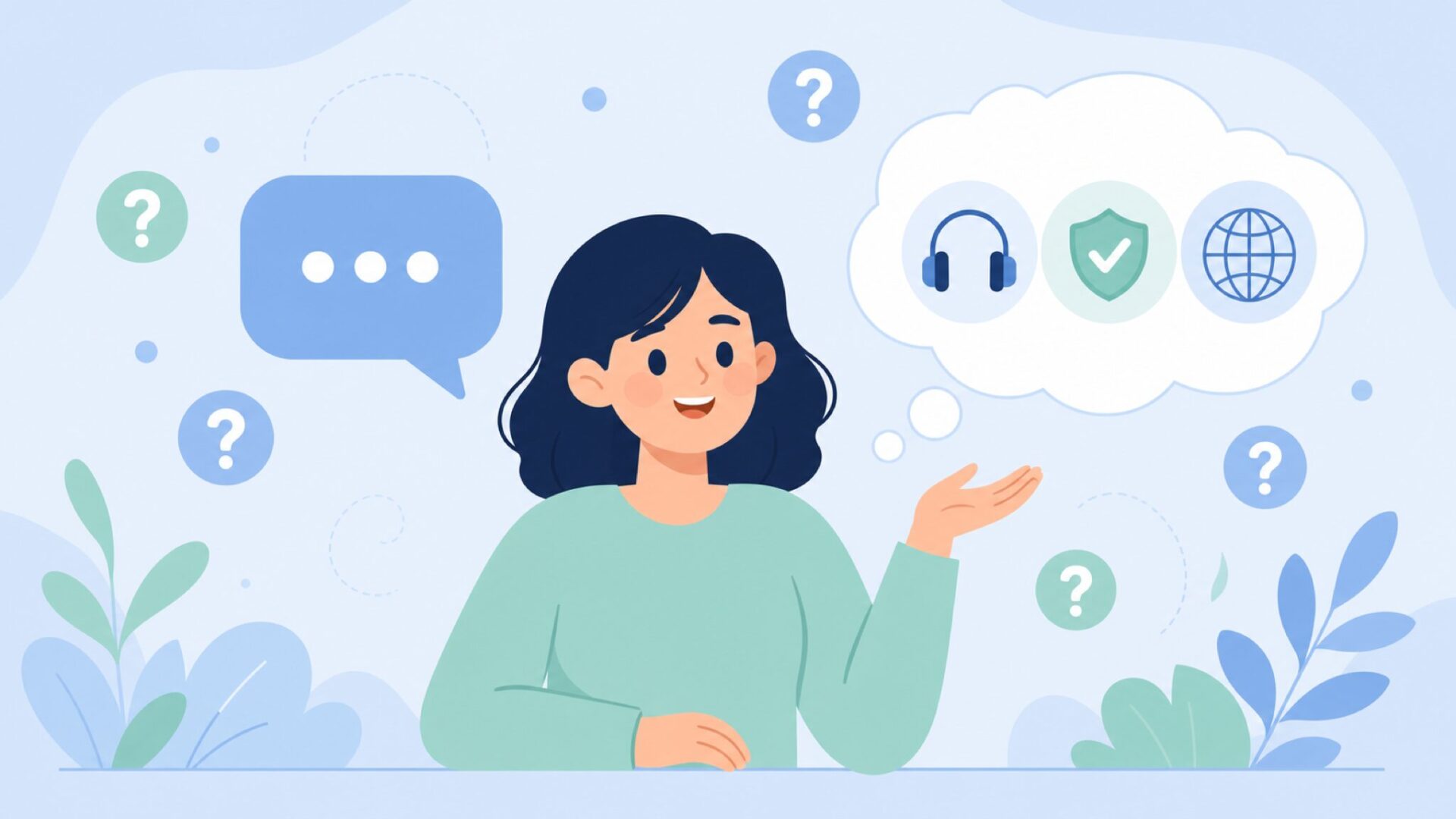 疑問符アイコンと会話バブルが浮かぶFAQシーンのイラスト