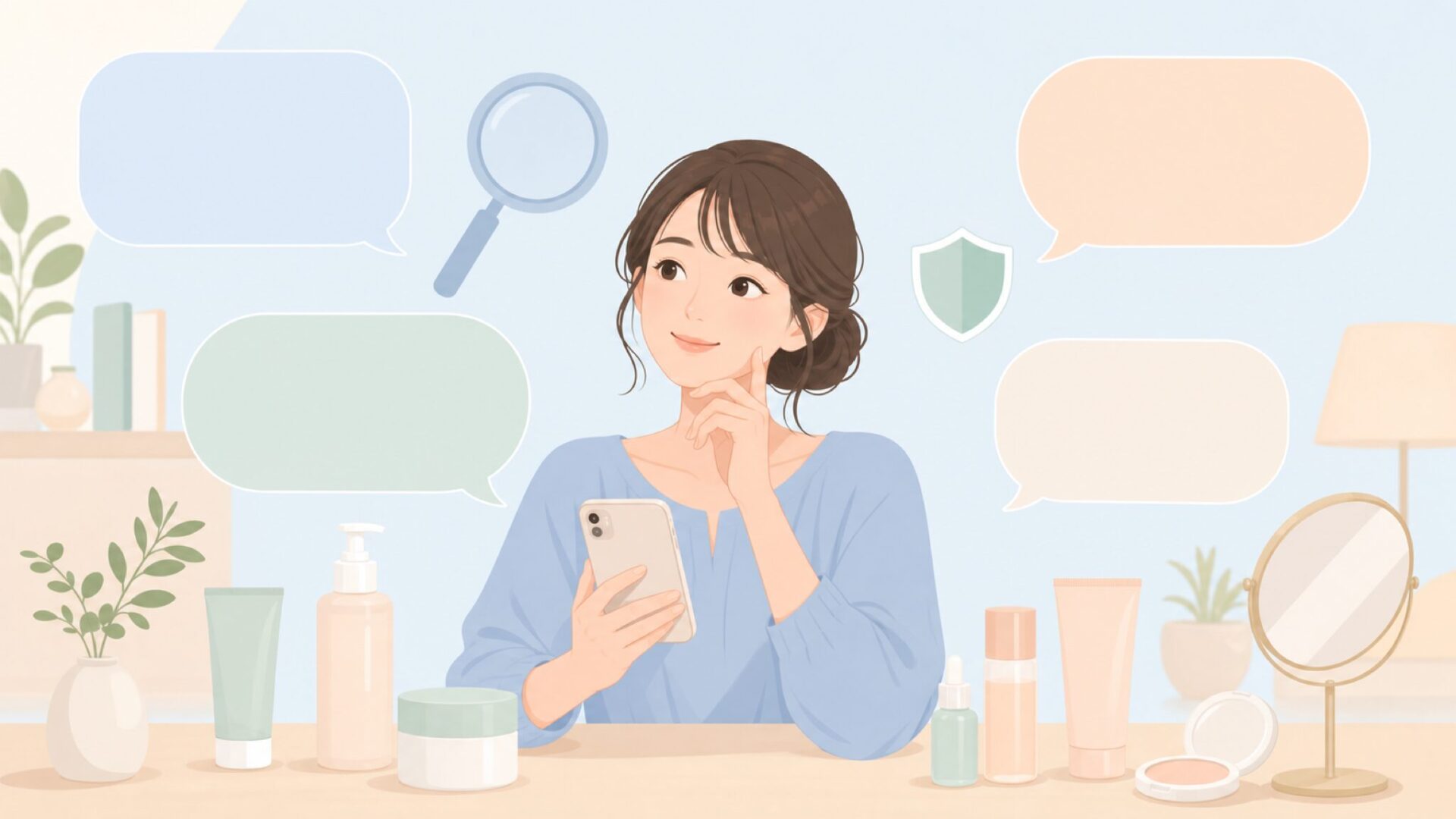 コスメの疑問を確認する女性のイラスト