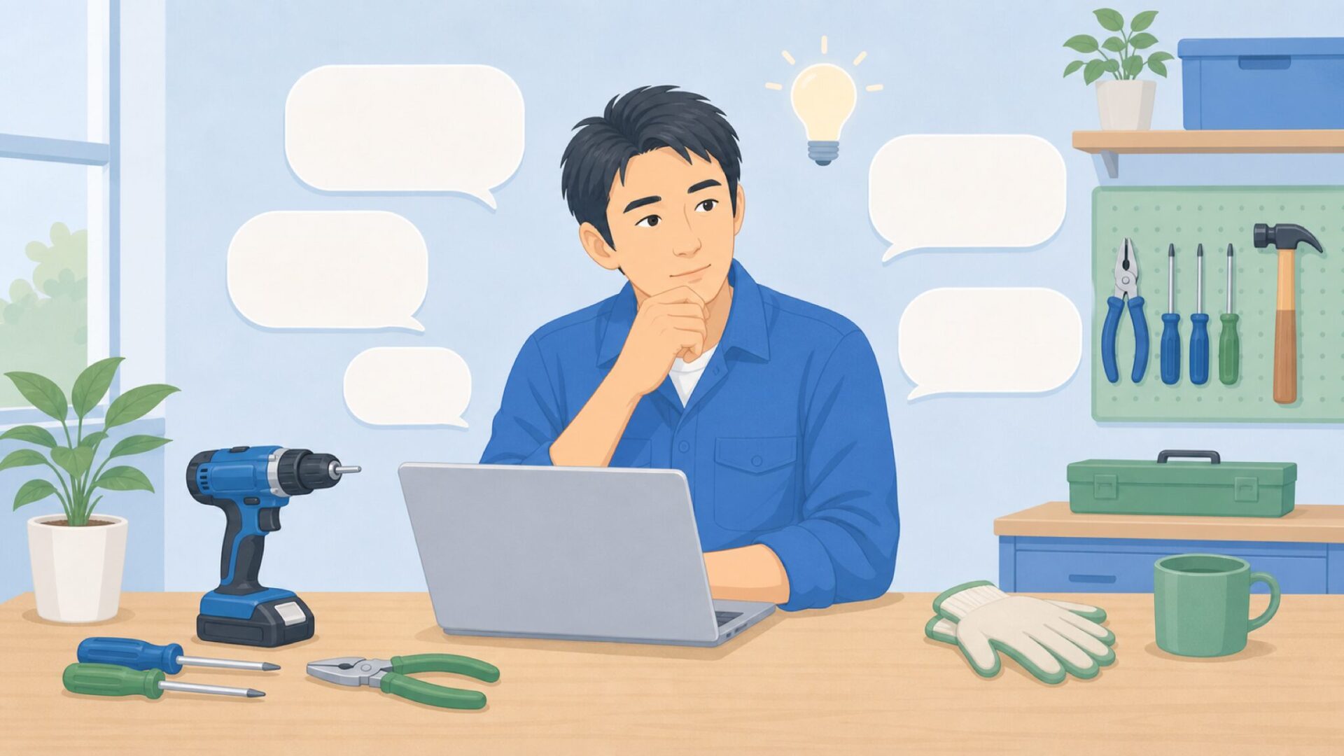 工具の疑問を整理して答えを探す男性