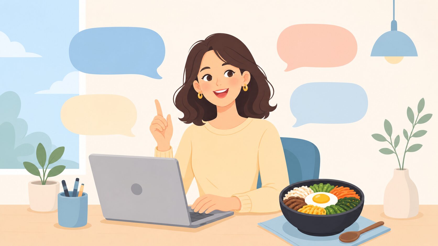 ビビンバについてのFAQを答える女性のイラスト