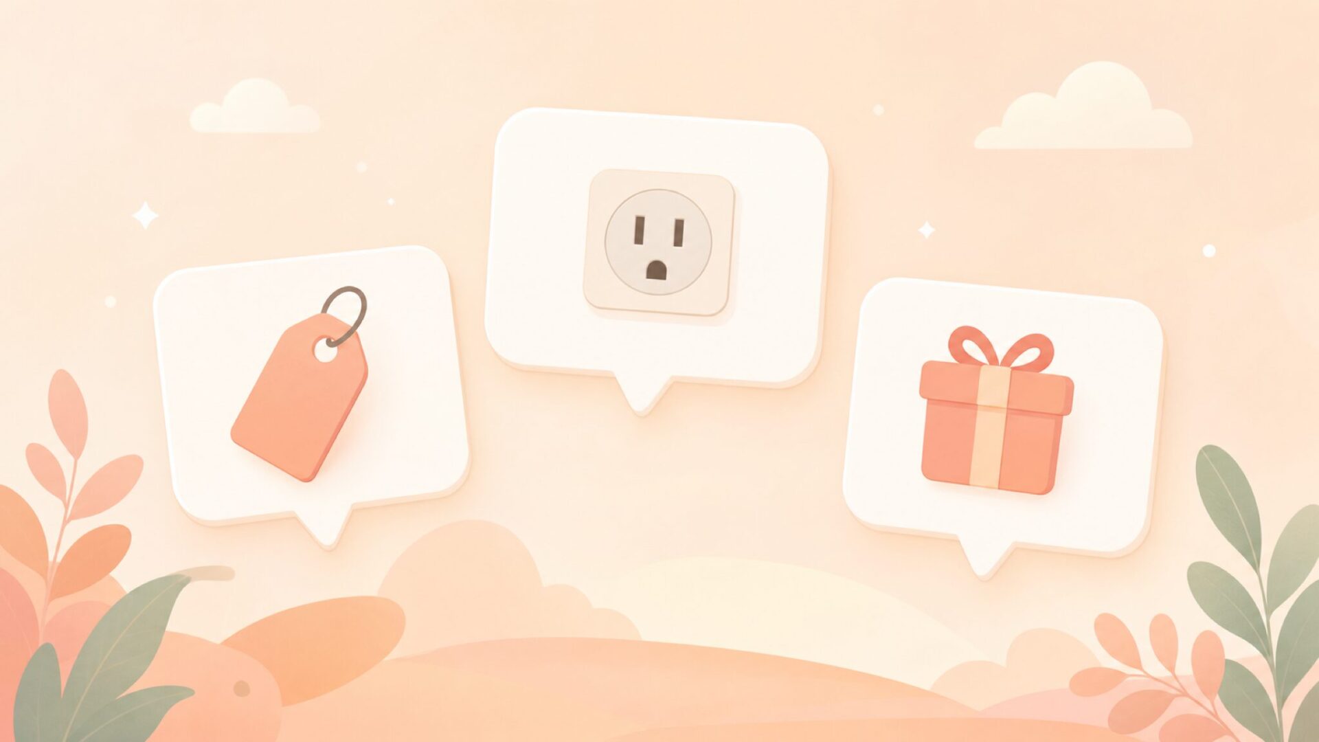 価格・電源・ギフトのQ&Aカードが浮かぶイラスト