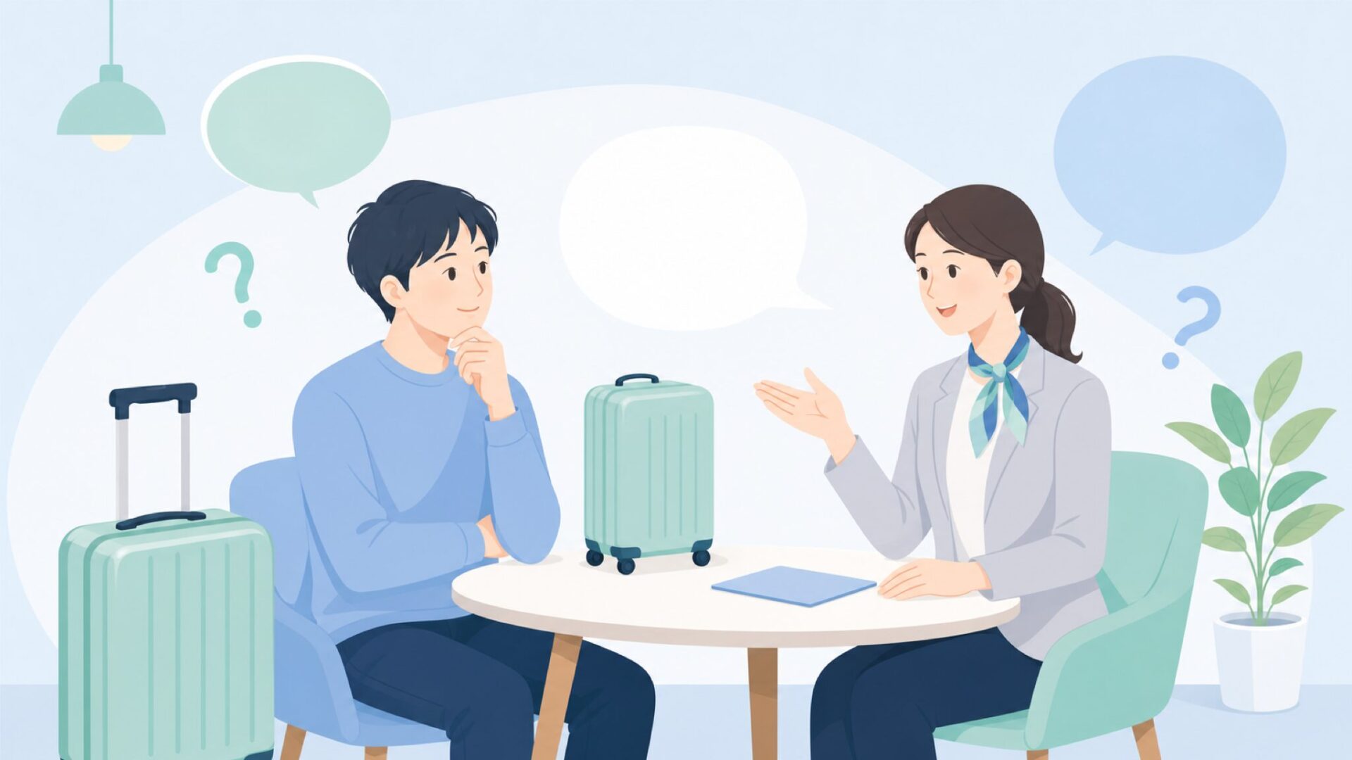スーツケース購入の疑問を相談する場面