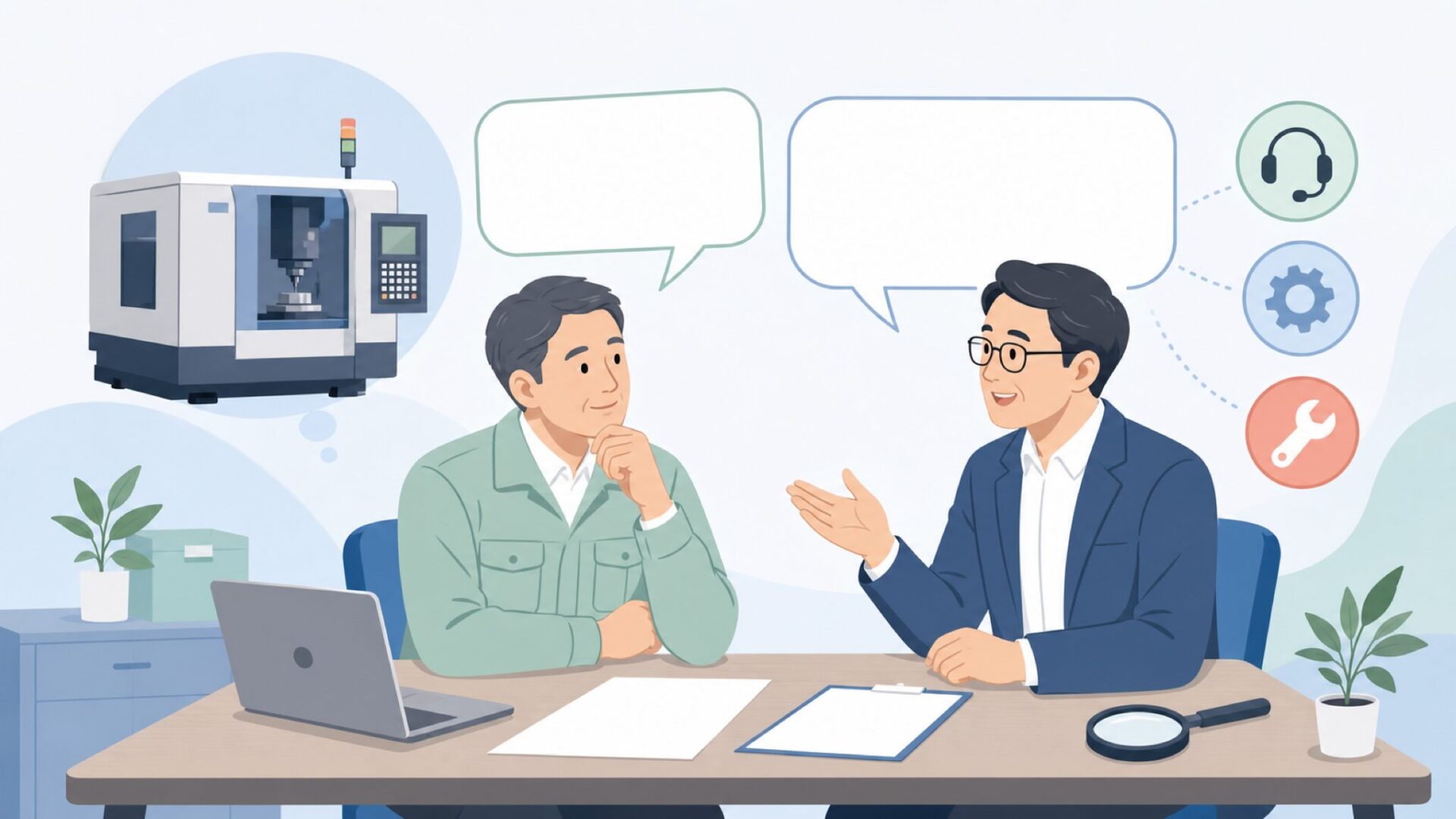 工作機械の疑問を相談する担当者と専門家