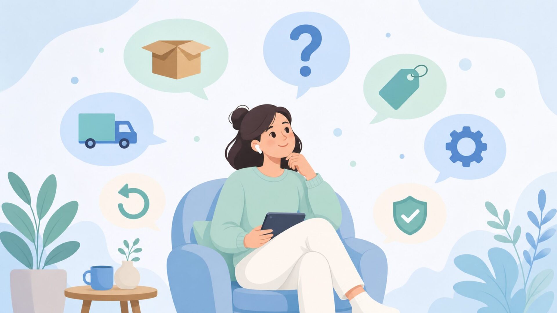 ワイヤレスイヤホンに関するよくある質問を吹き出しで示す人のフラットイラスト