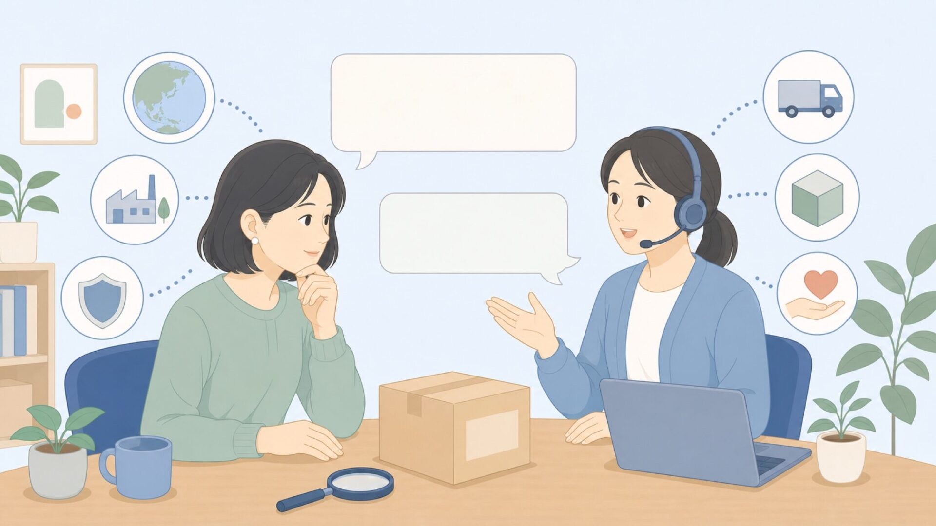 購入前の疑問を相談する買い物客のイラスト