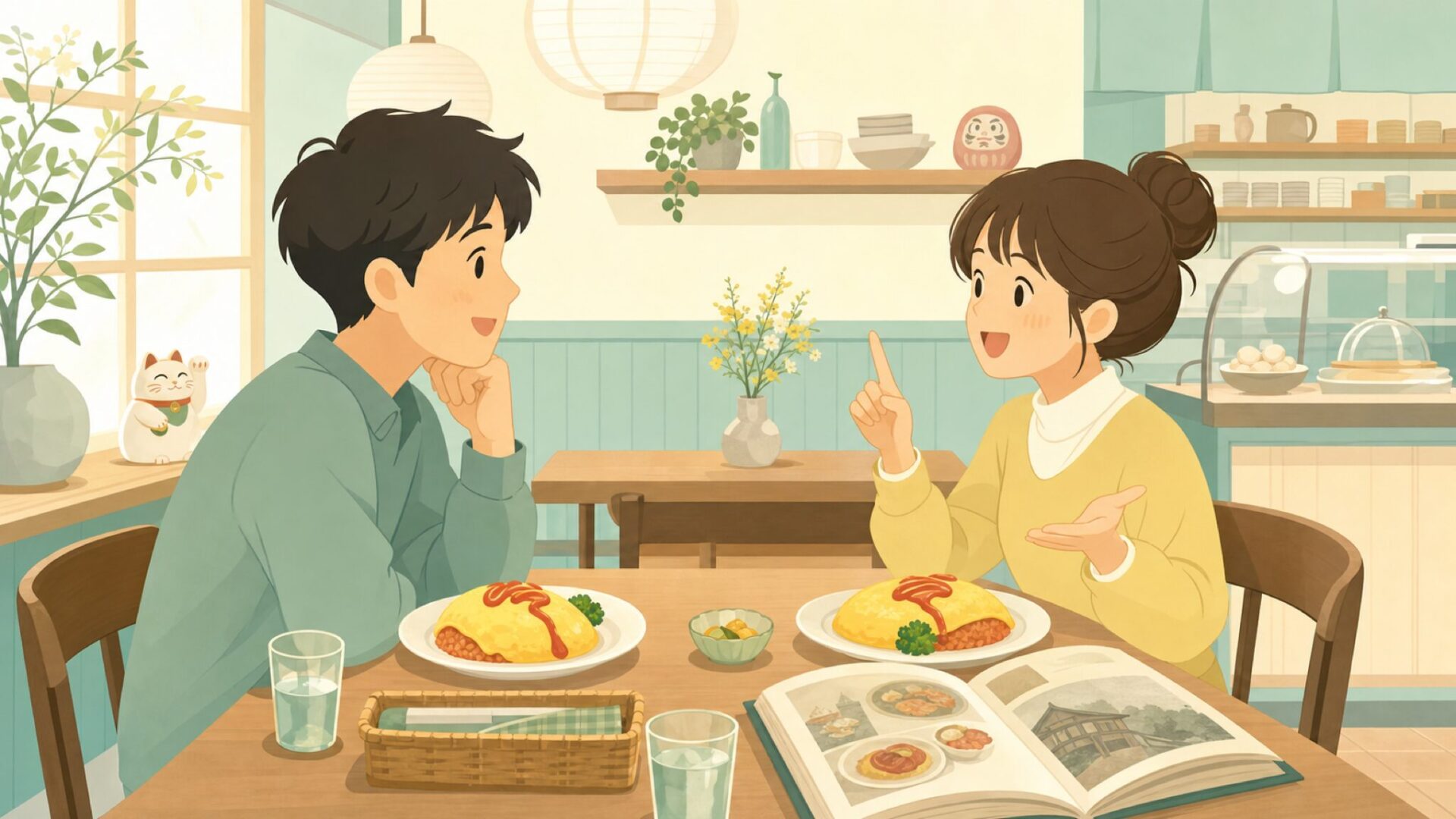 カフェでオムライスについて楽しく話し合う2人の人物