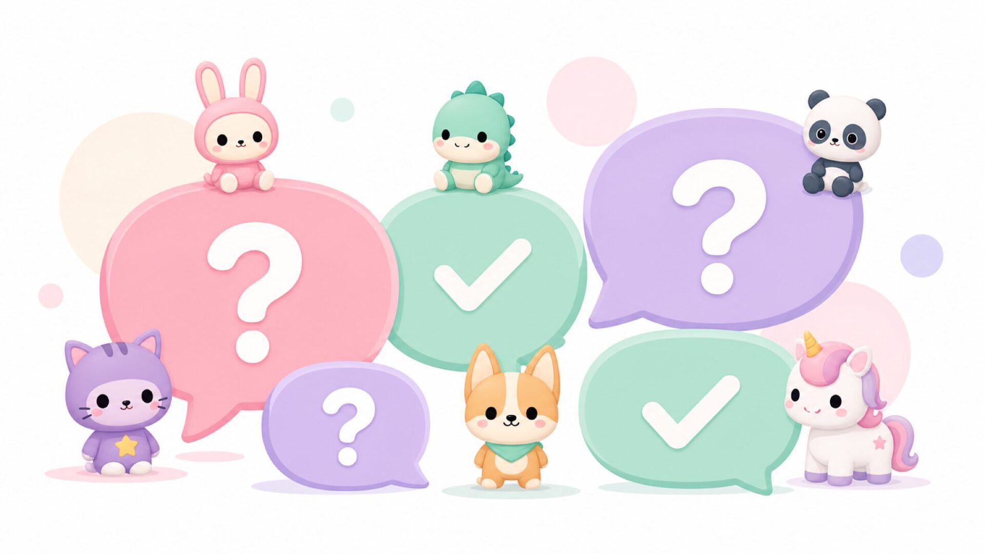 Q&A吹き出しとかわいいフィギュアが並ぶイラスト
