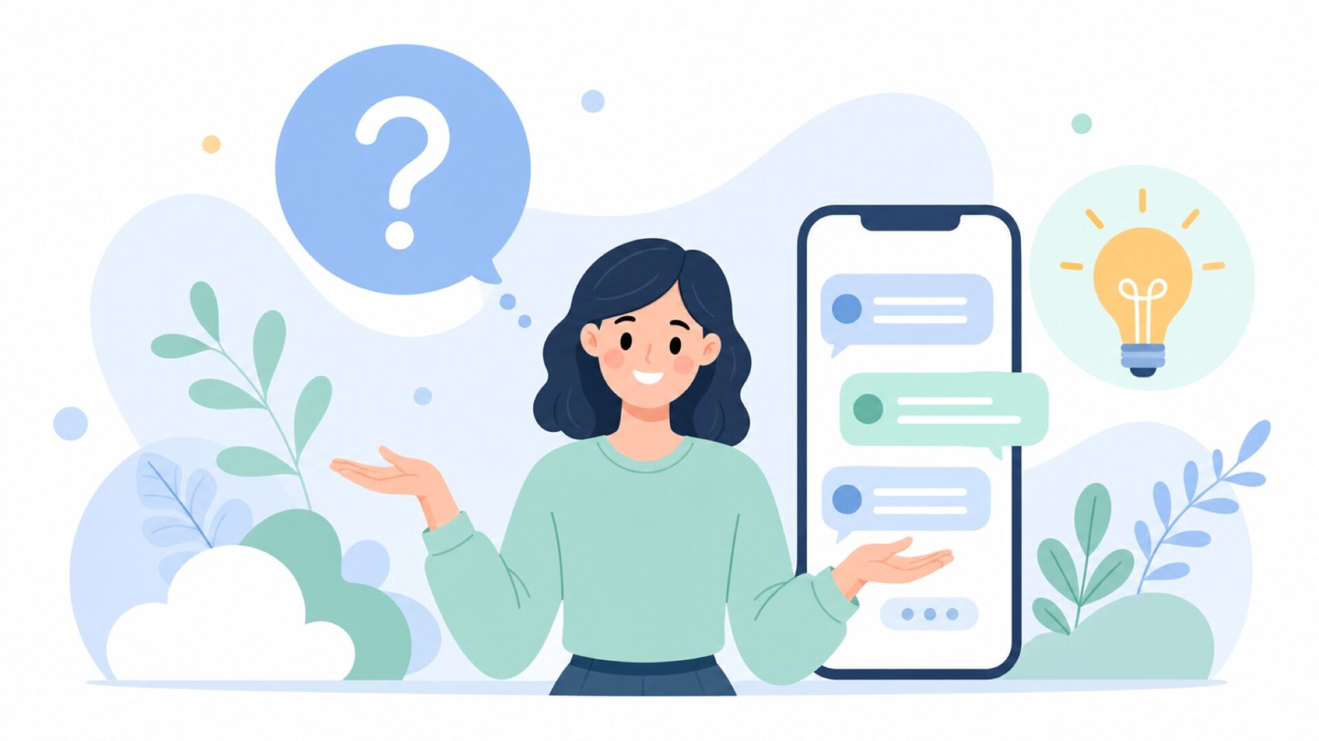 質問マークのバブルと明るいFAQ対応シーンのイラスト
