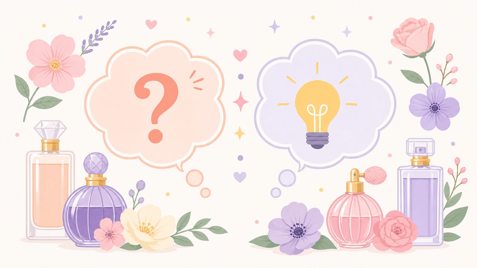 「?」と「電球」の吹き出しが向き合い、小さな香水ボトルと花のモチーフが周囲に漂うQ&Aコンセプトのイラスト
