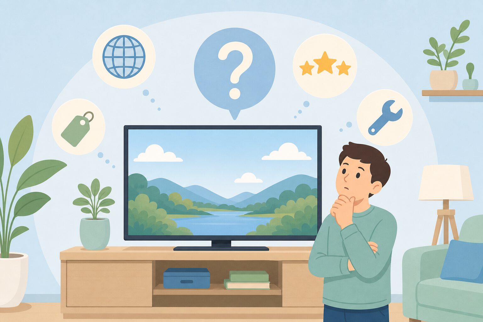 テレビの上に疑問符と小さなアイコンが浮かぶFAQセクションのイラスト