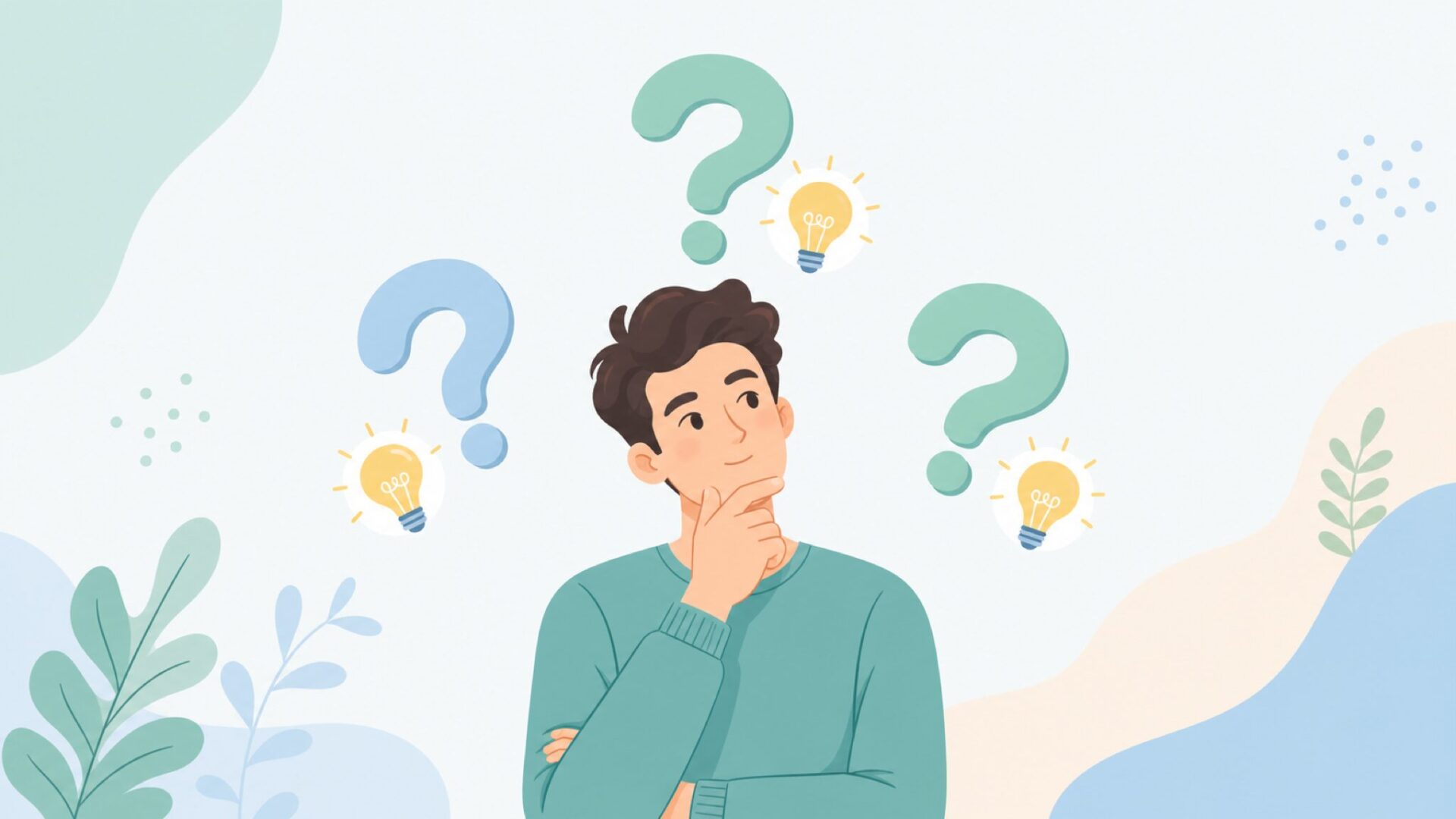 疑問符を抱えて考える男性のイラスト