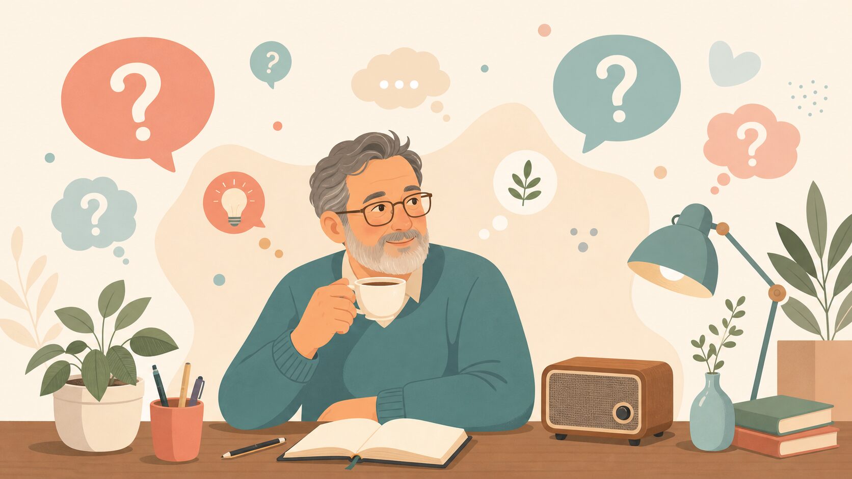 質問とお茶のあるリラックスした机のイラスト