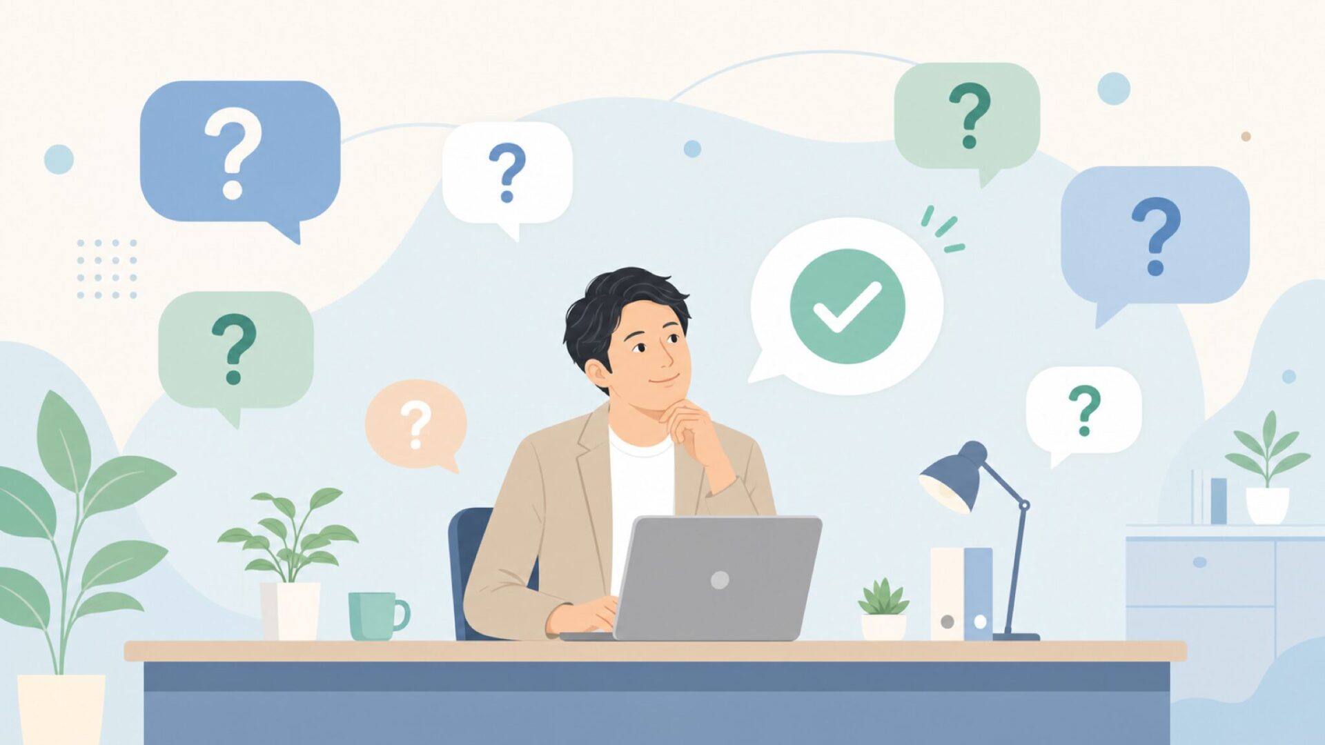 ノートPCと疑問符に囲まれて回答を整理する男性のイラスト