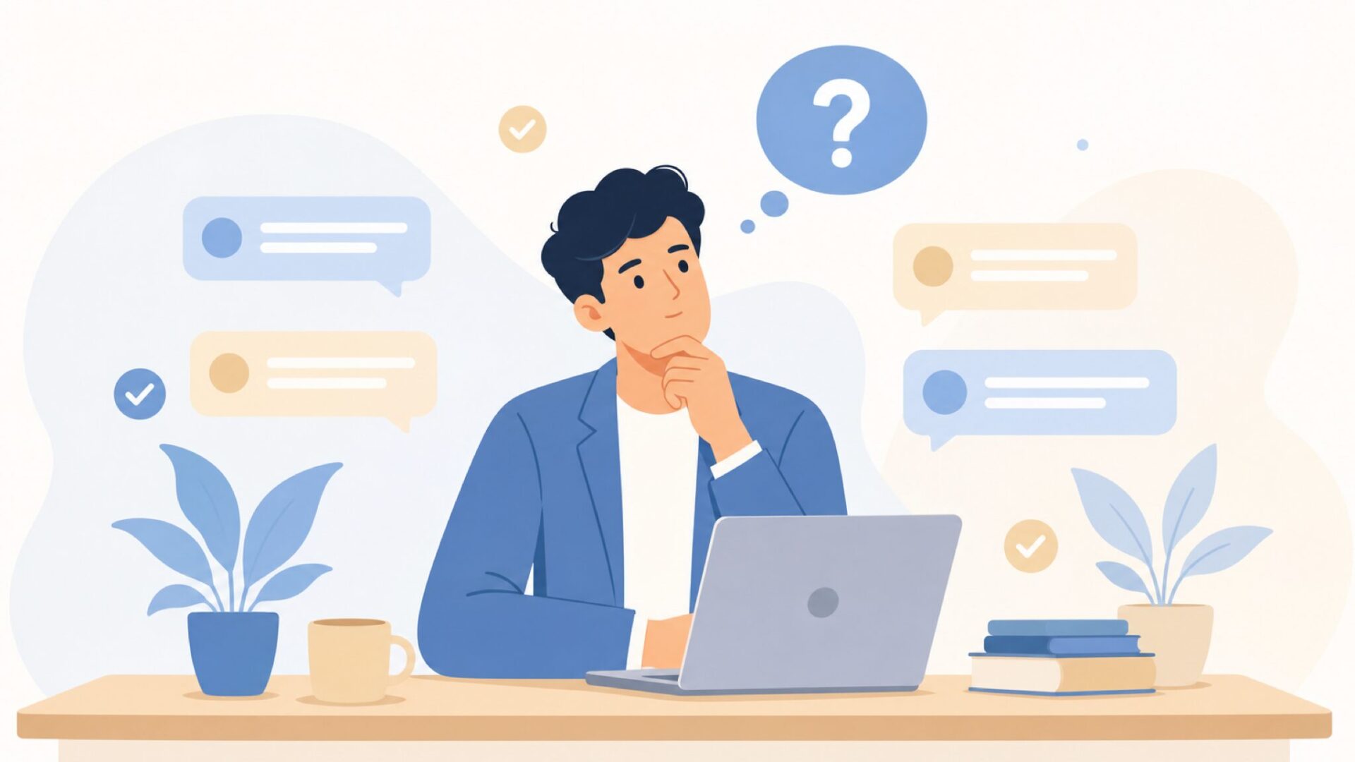 オーディオブランドについてよくある質問を考える人のイラスト