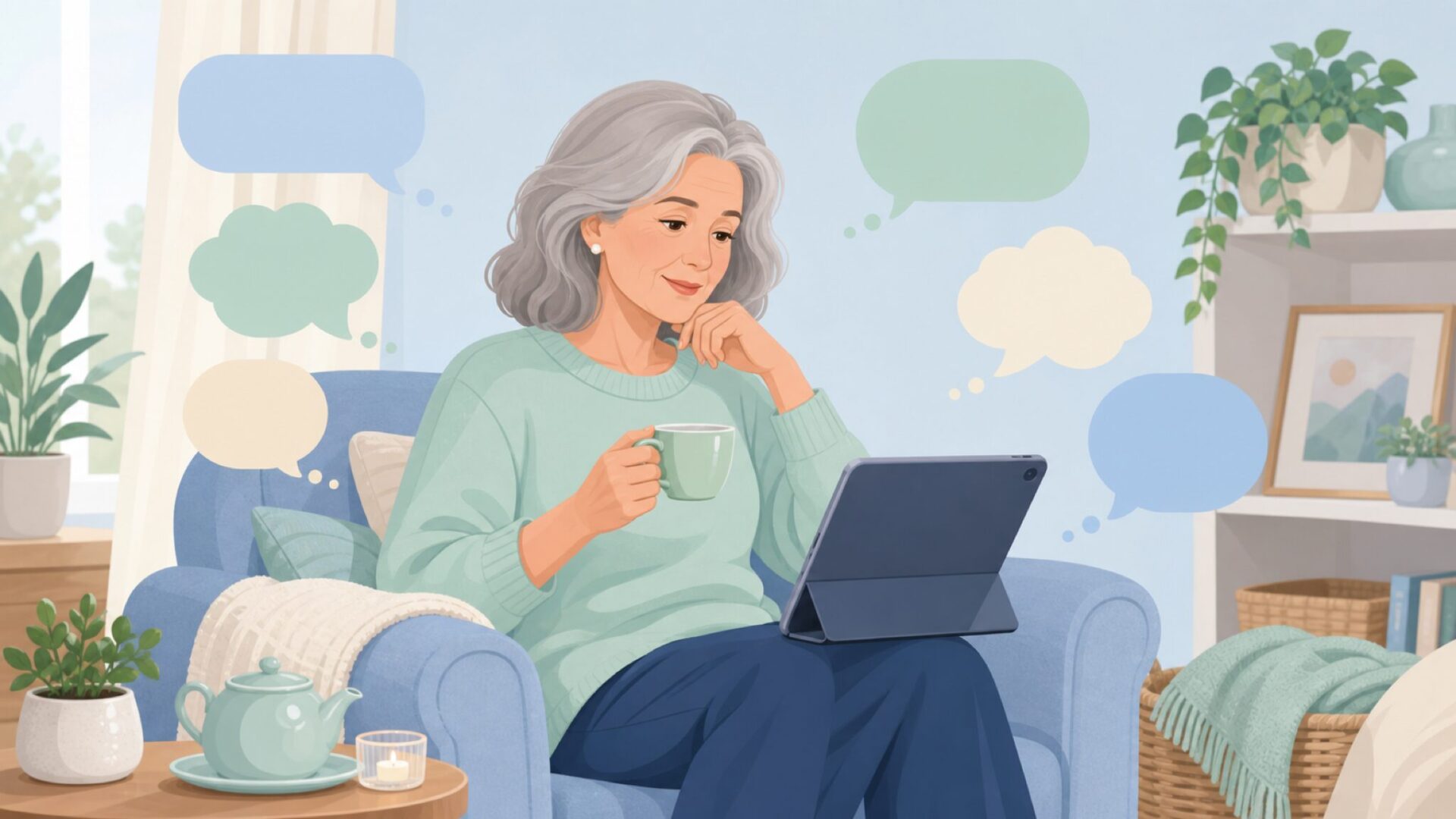 タブレットでFAQを読む女性のイラスト