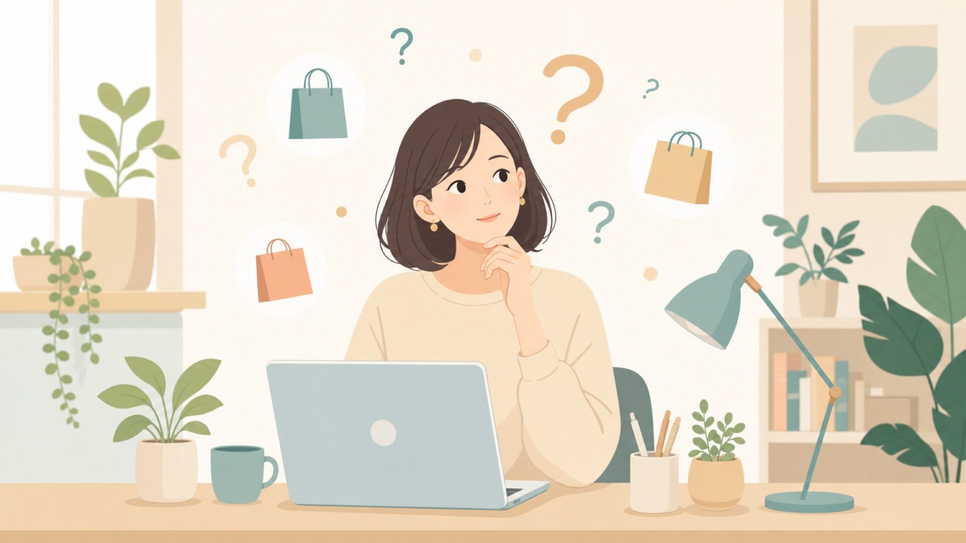 パソコンで疑問を調べる女性のフラットイラスト