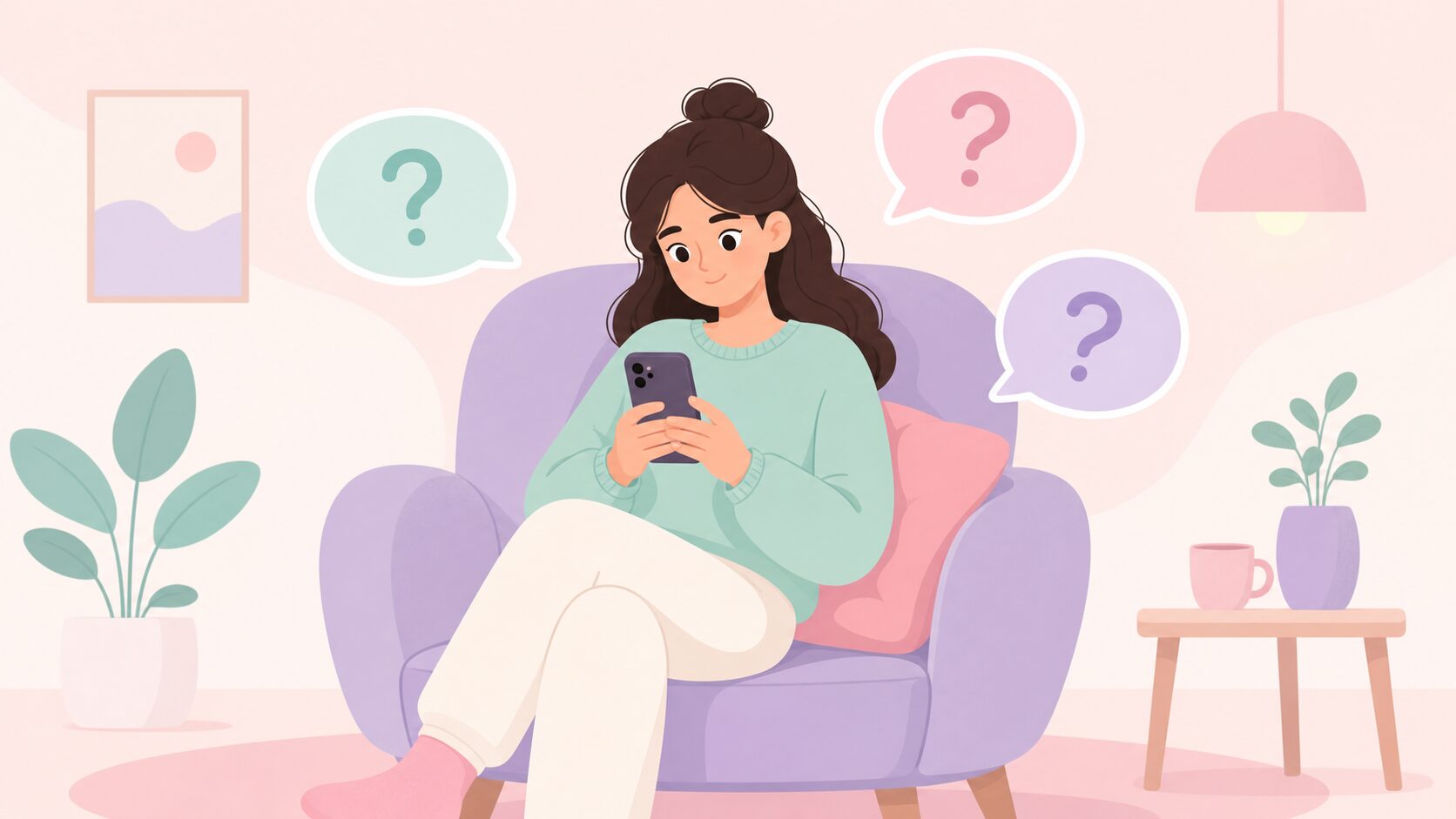 スマートフォンを見ながら疑問を解決する女性と質問バブルのイラスト