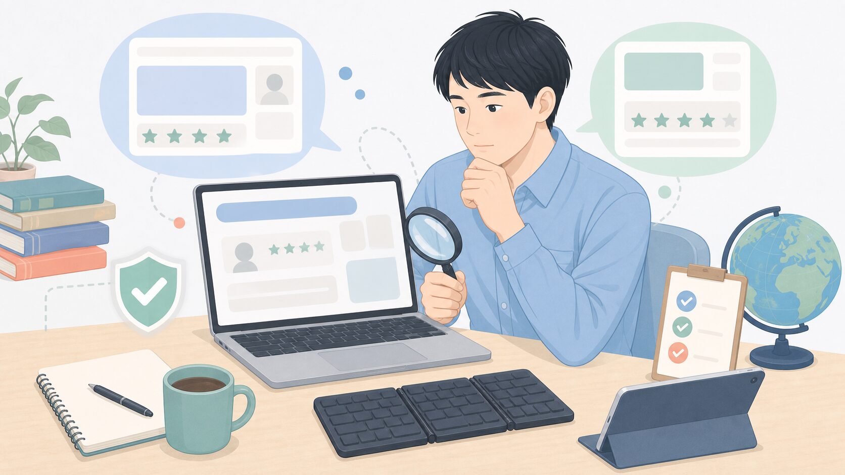 質問を確認しながら調べる人のイラスト