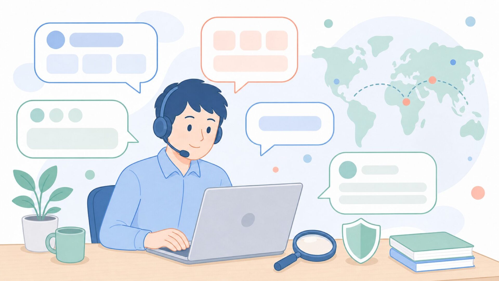 ブランドの疑問を確認するヘルプデスクのイラスト